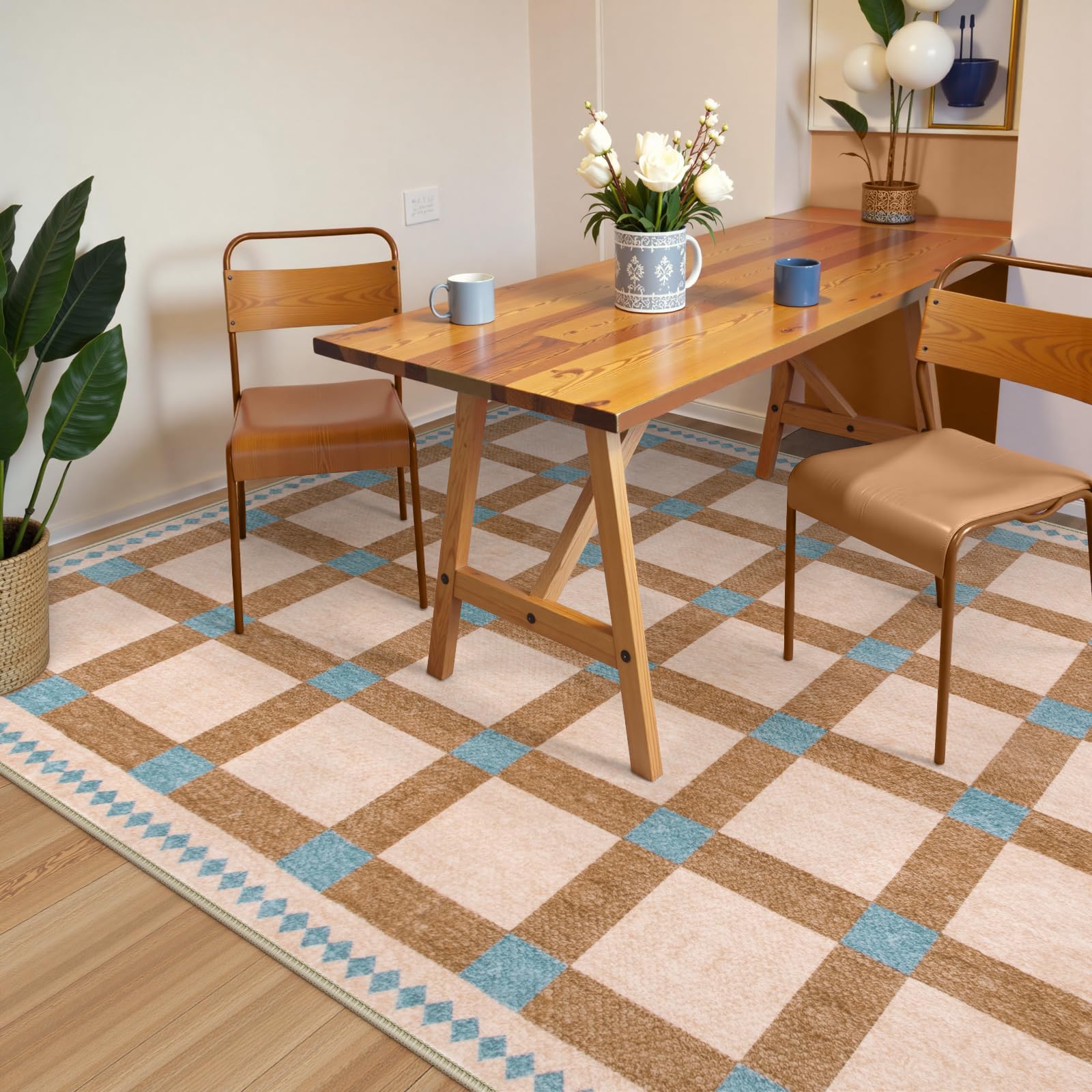 Checkered Rugs, Modern Washable Non Slip Low Pile Carpet