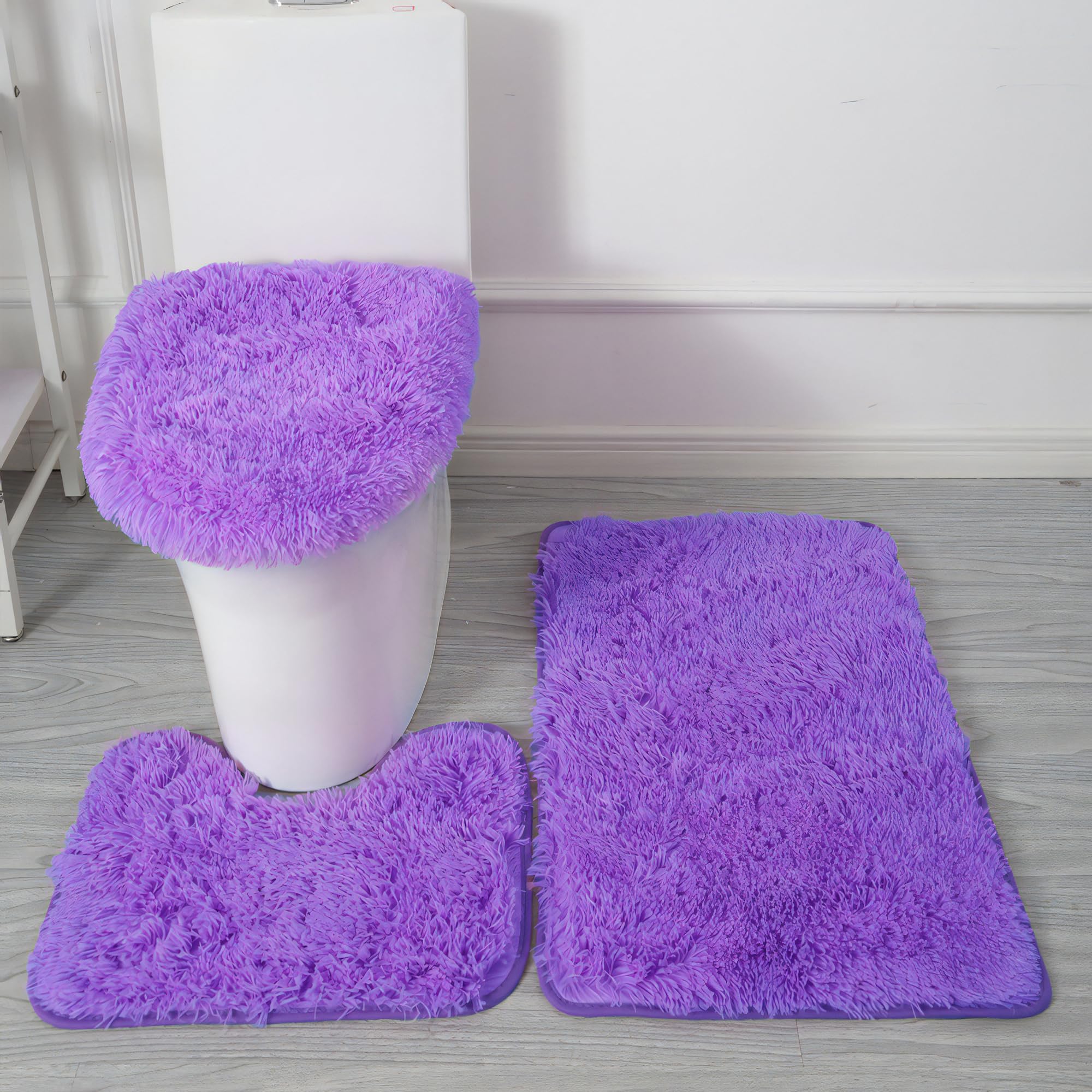 Shaggy Bathroom Rugs Sets 3 Piece for Bathroom Non-Slip - Water Absorbent Bath Rug Floor Mats Soft Washable Shower Rug with U-Shaped Contour Rug Toilet Lid Cover