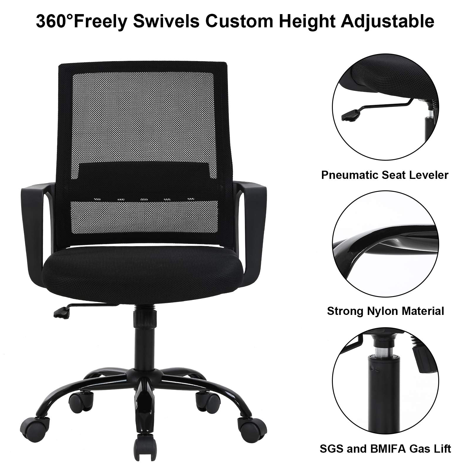 Mid Back Chair with Armrest and Back Support, Modern Executive Adjustable Rolling Swivel Task Chair Comfortable Mesh Chair