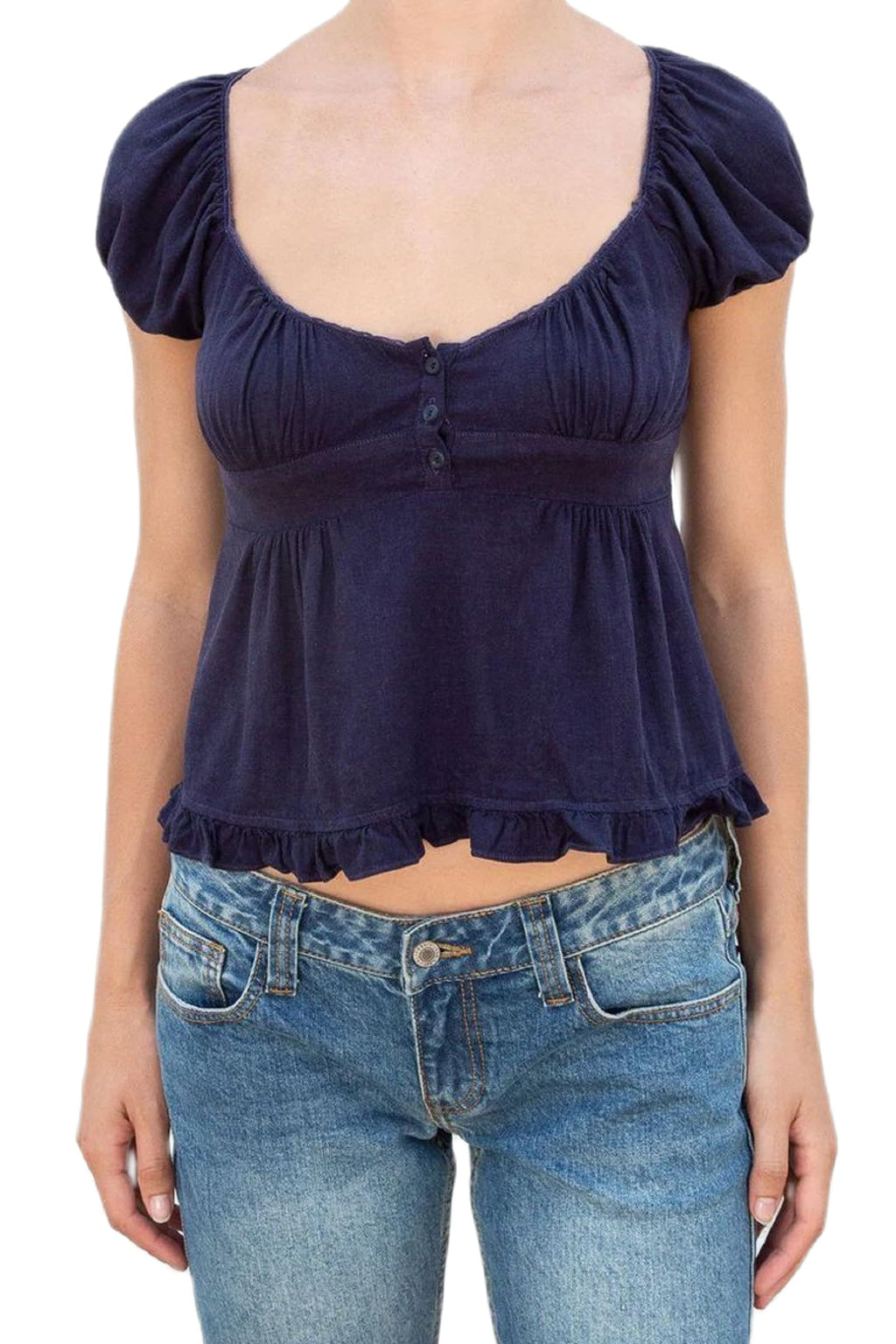 Y2K Short Sleeve Babydoll Tops for Women Cute Aesthetic U Neck Teen Girls Tshirt Ruffle Hem Patchwork Peplum Shirts