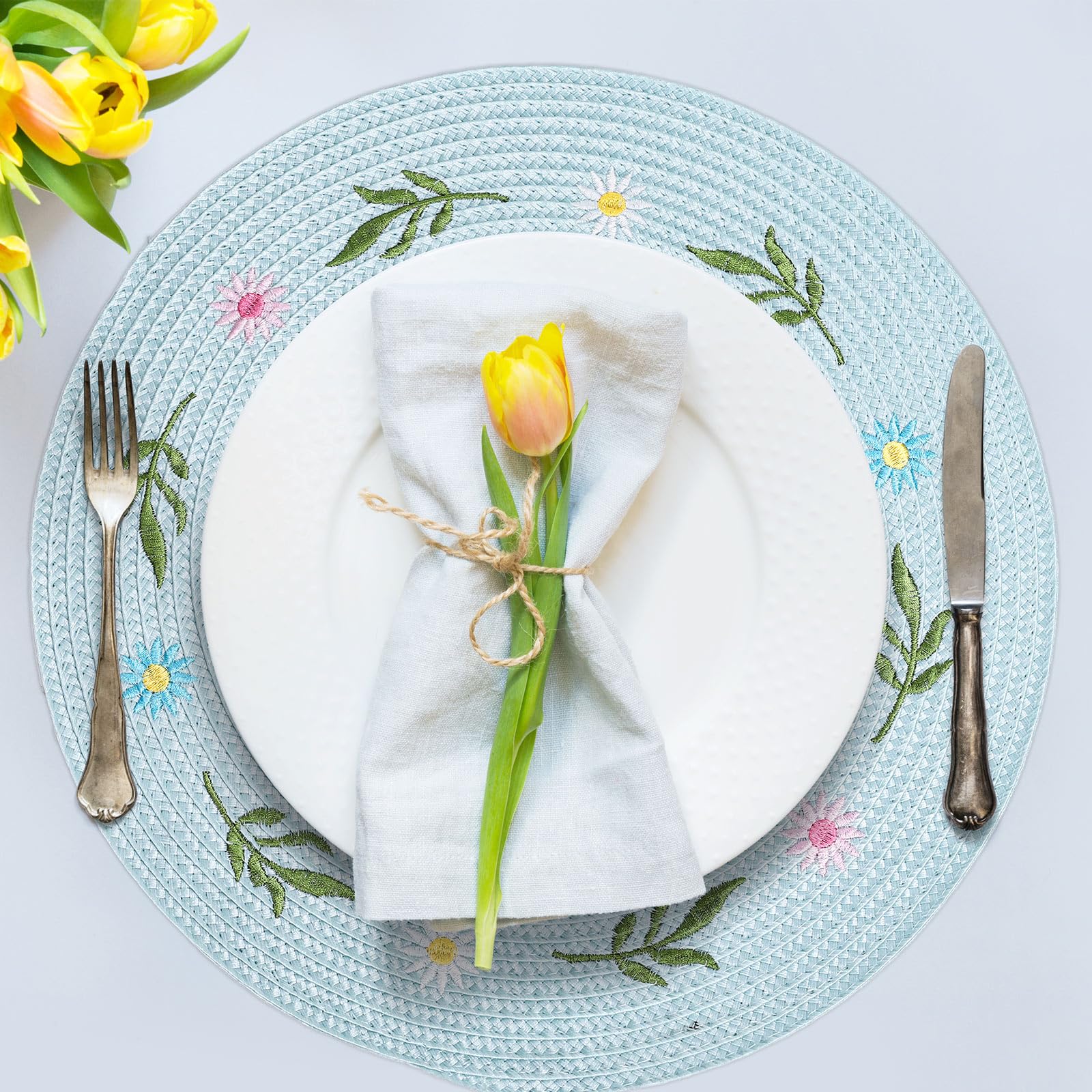 Whaline 4Pcs Round Placemats Pink Bow Embroidered Place Mats Coquette Bow Dinner Table Mats for Home Wedding Baby Shower Birthday Party Decor