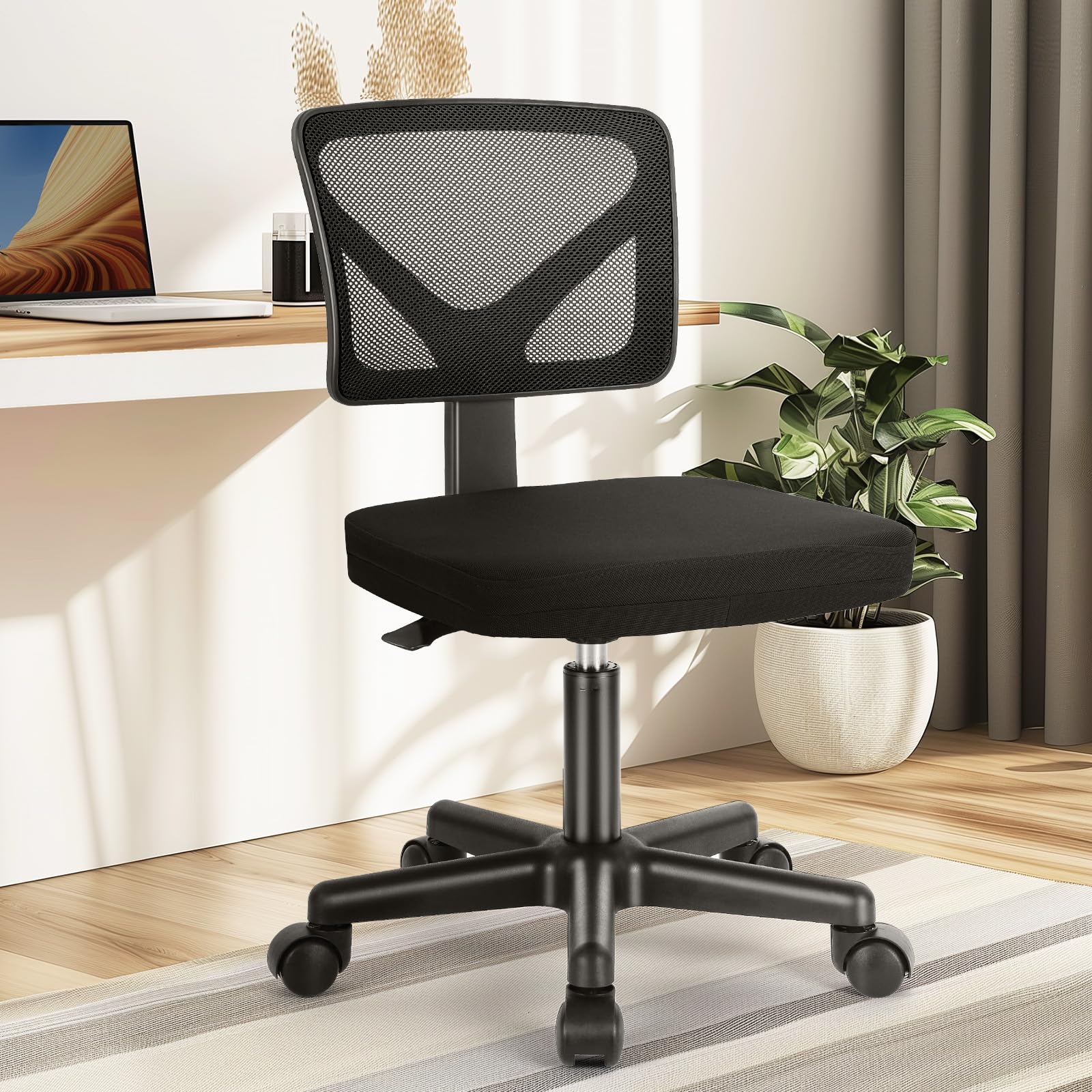 Vanity Swivel Armless Desk Chairs with Wheels, Ergonomic Adjustable Home Office Rolling Task Chair, Comfy Mesh Mid Back