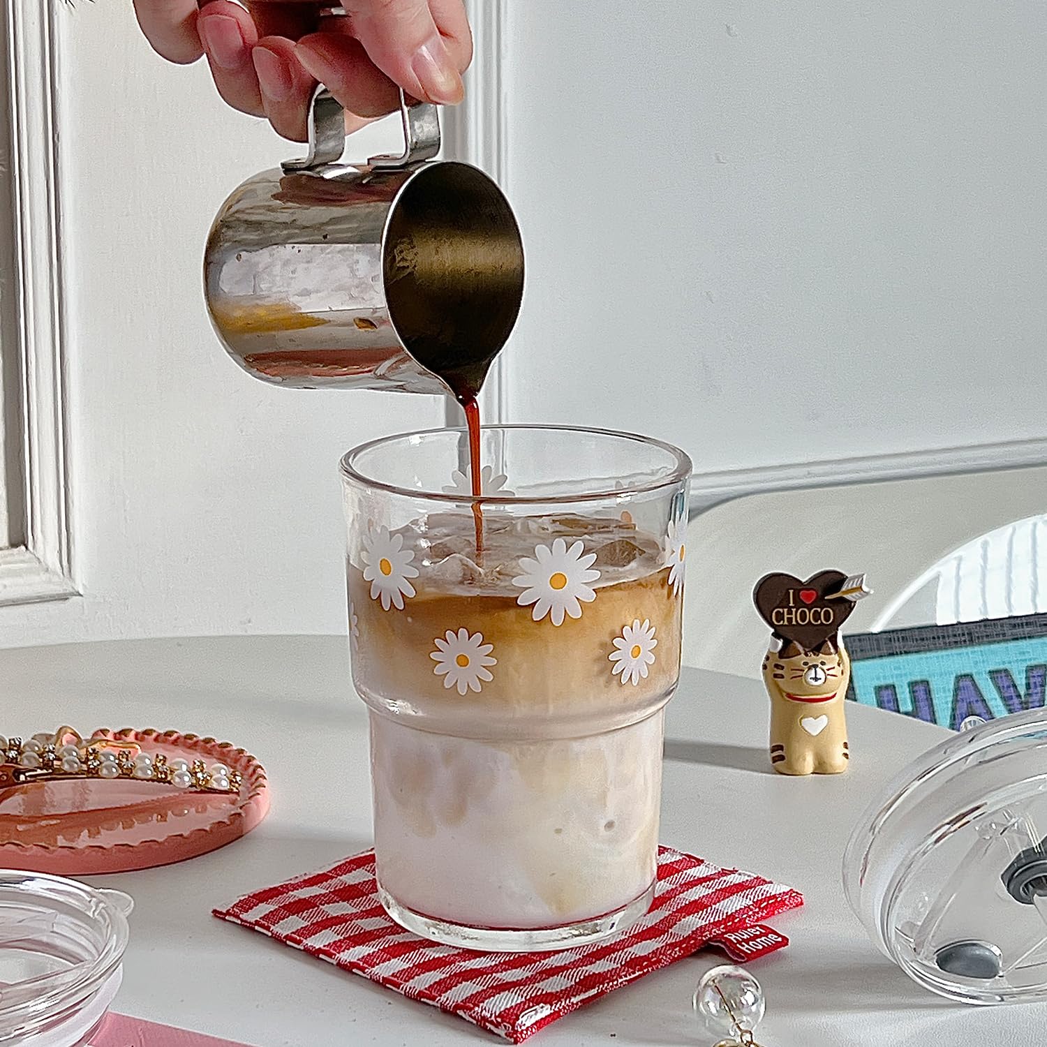 Glass Tumbler with Straw and Lid, Reusable Iced Coffee Cup Tumbler, Cute Glass Cups 13oz