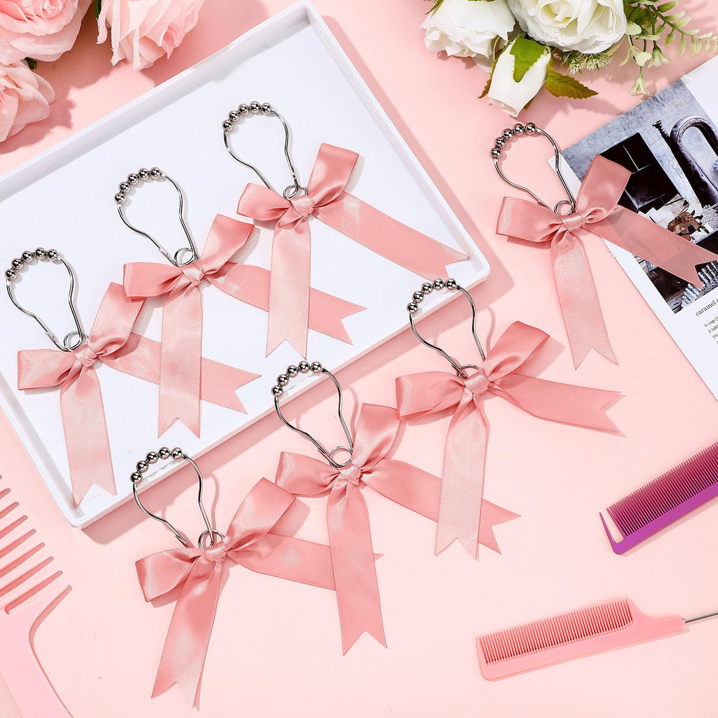 Cute Bow Knot Ribbon Curtain Hooks Decorative Shower Rings Hanger Bathroom Decor Bathroom Accessories 12 Pcs