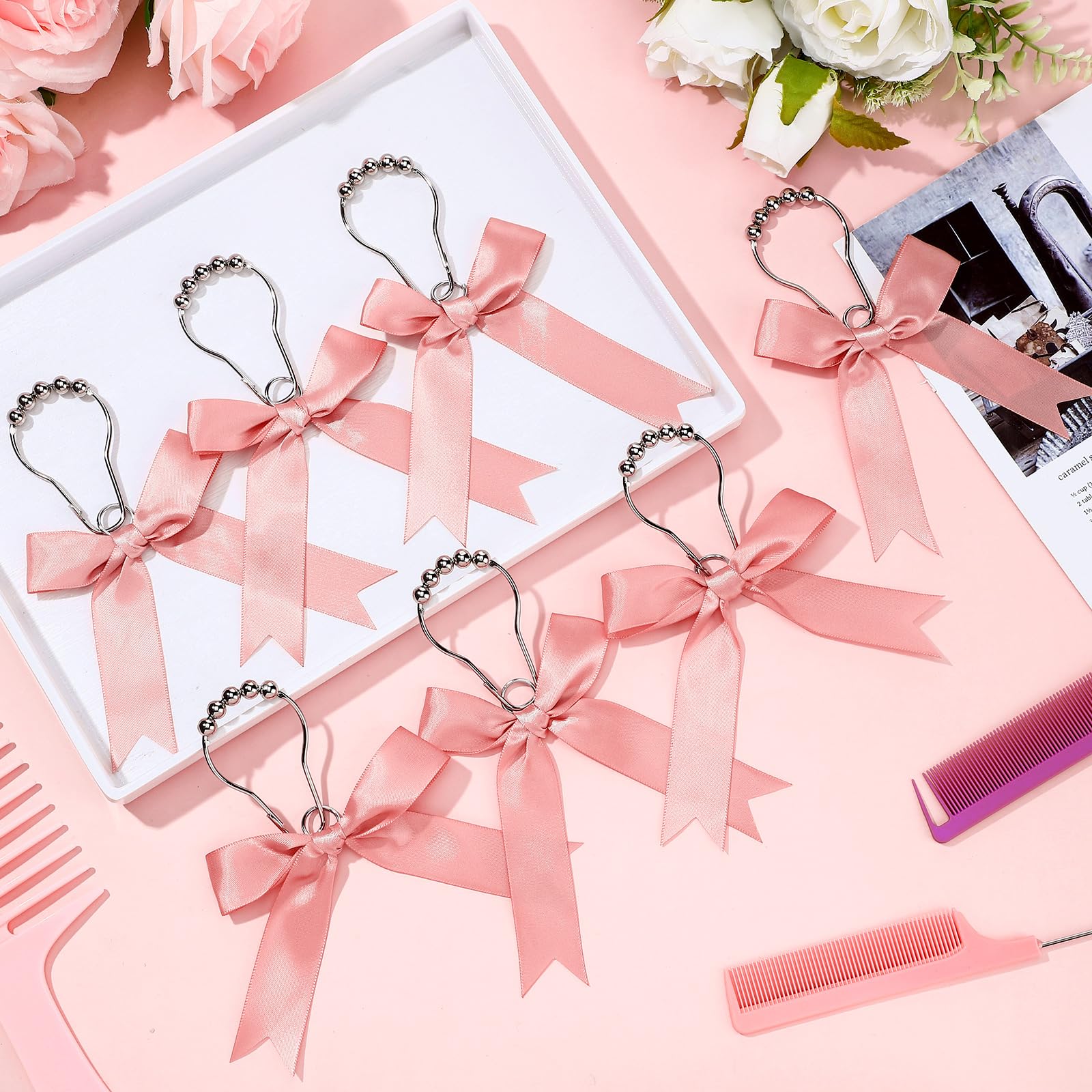 Cute Bow Knot Ribbon Curtain Hooks Decorative Shower Rings Hanger Bathroom Decor Bathroom Accessories 12 Pcs