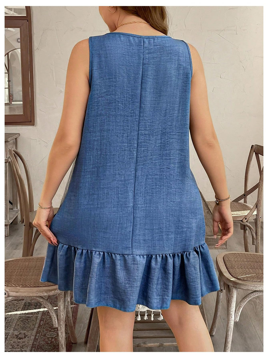 Women's Plus Size 3D Floral Round Neck Short Dress Ruffle Hem Sleeveless Tank Short Dress