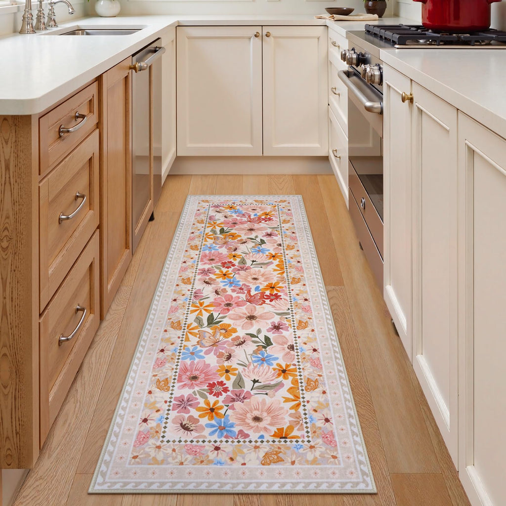 Floral Hallway Runner Rug, Runner Rugs Non Skid Washable, Low Pile Soft Boho Rugs