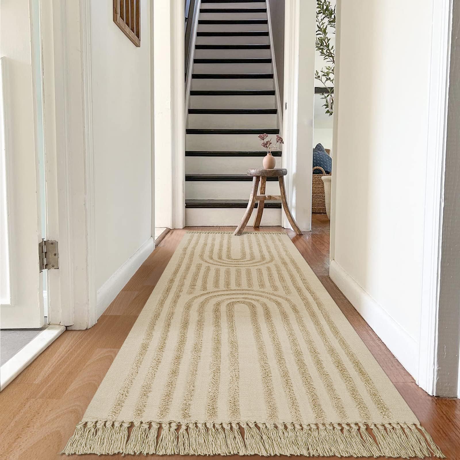 Washable Kitchen Runner Rug - Hand-Woven Bathroom Runner Rug with Tassels, Terracotta Entryway Runner Rug, Tufted Rainbow Bedroom Rug Runner, Hallway Rug for Laundry/Living Room
