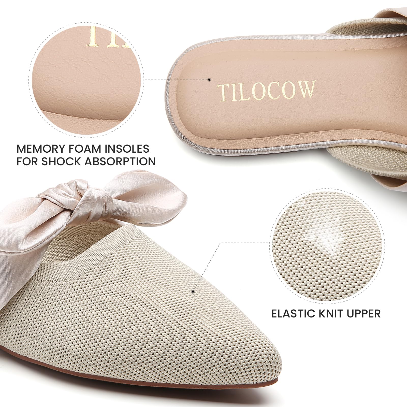 Knotbow Mules for Woman Pointed Toe Flats Bow Mules Slip On Slides Flats Shoes Women Dressy Comfortable