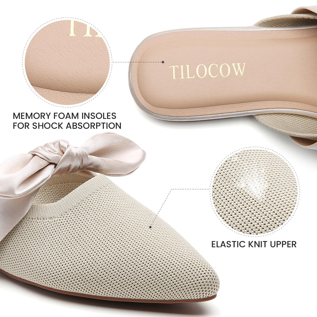 Knotbow Mules for Woman Pointed Toe Flats Bow Mules Slip On Slides Flats Shoes Women Dressy Comfortable