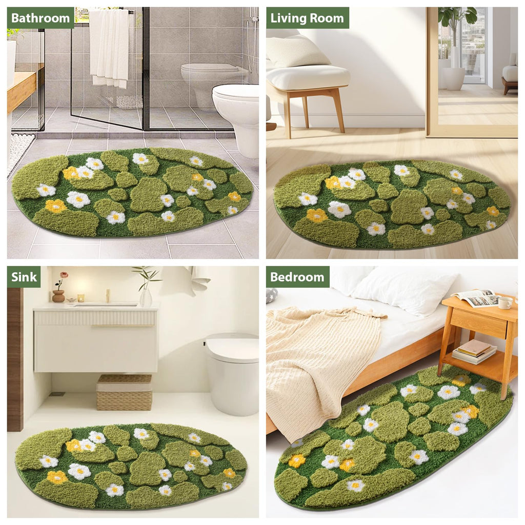 Green Moss Bathroom Rugs Bath Mat Non Slip, Ultra Soft Absorbent Aesthetic Decor Shaggy Tufted Flower Long Bath Rugs