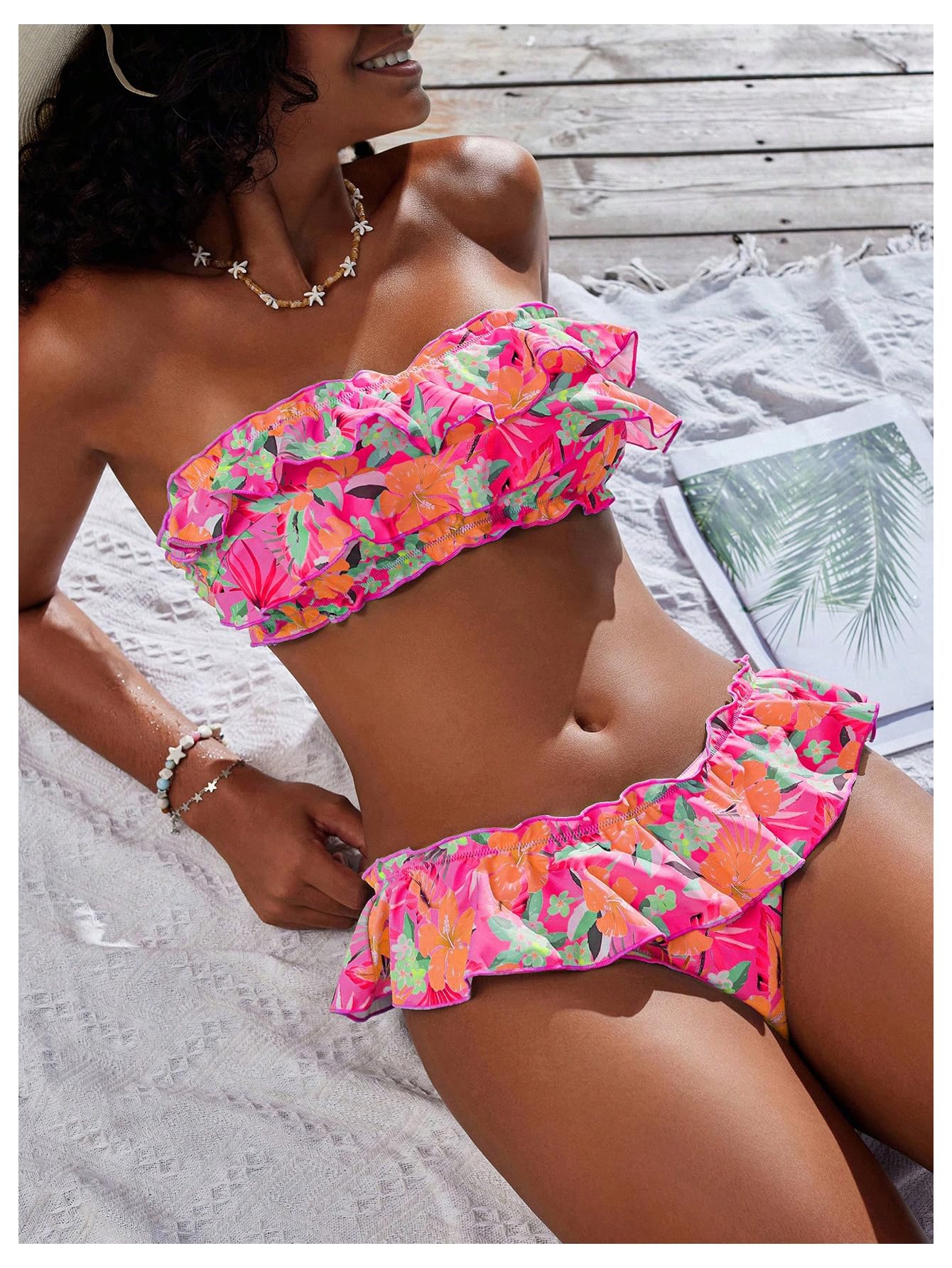 Women's Floral Bikini Bandeau Swimsuit Ruffle Tiered Strapless Bathing Suit
