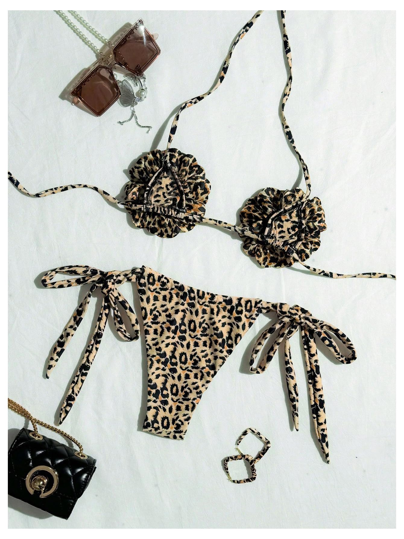 Women's Cheetah Print Bikini Sets 3D Flower Halter Tie Side Backless Beachwear Swimsuits