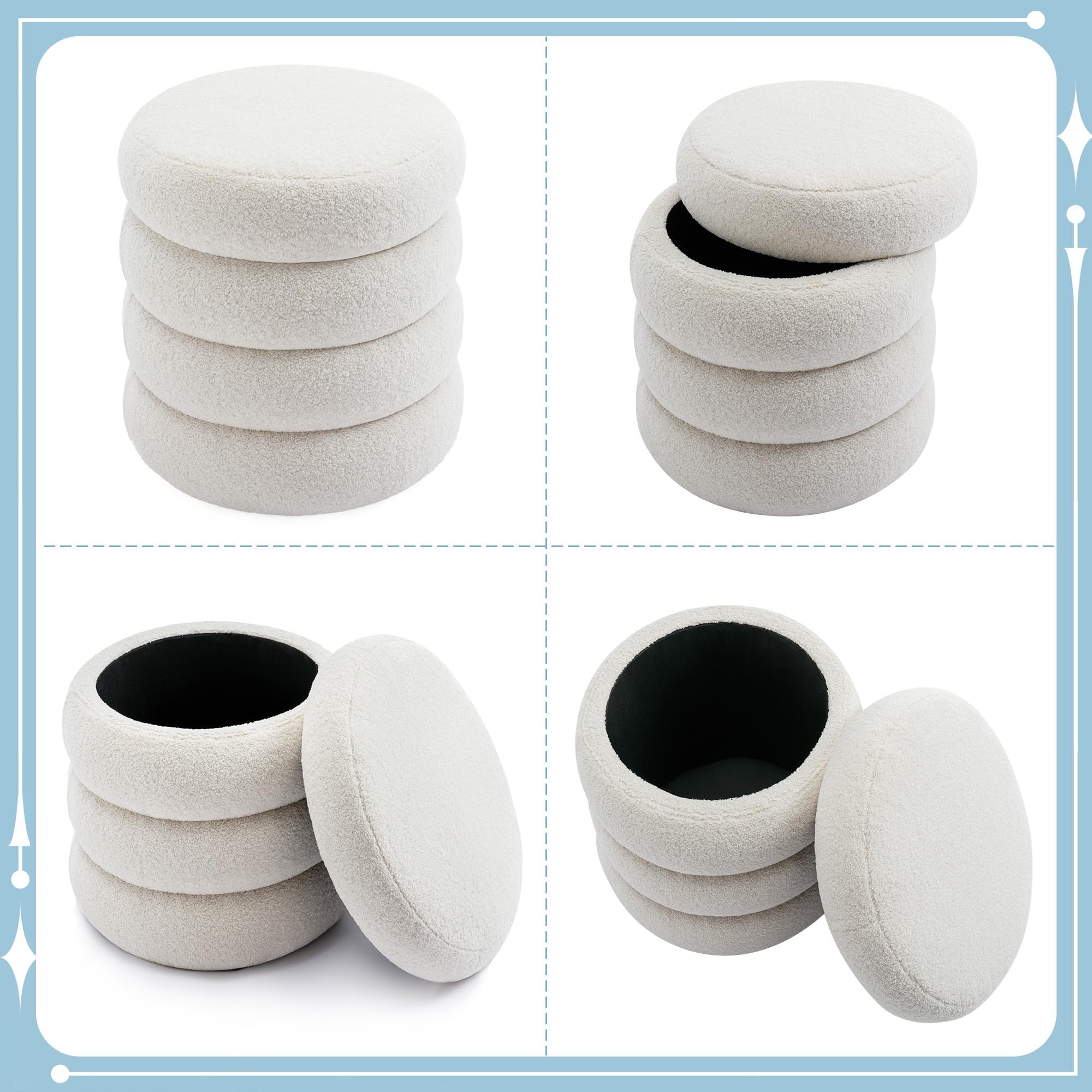 Storage Ottoman Round, Ottoman with Storage, Sherpa Ottoman Storage, (18 Inches x 16 Inches) Set of 2