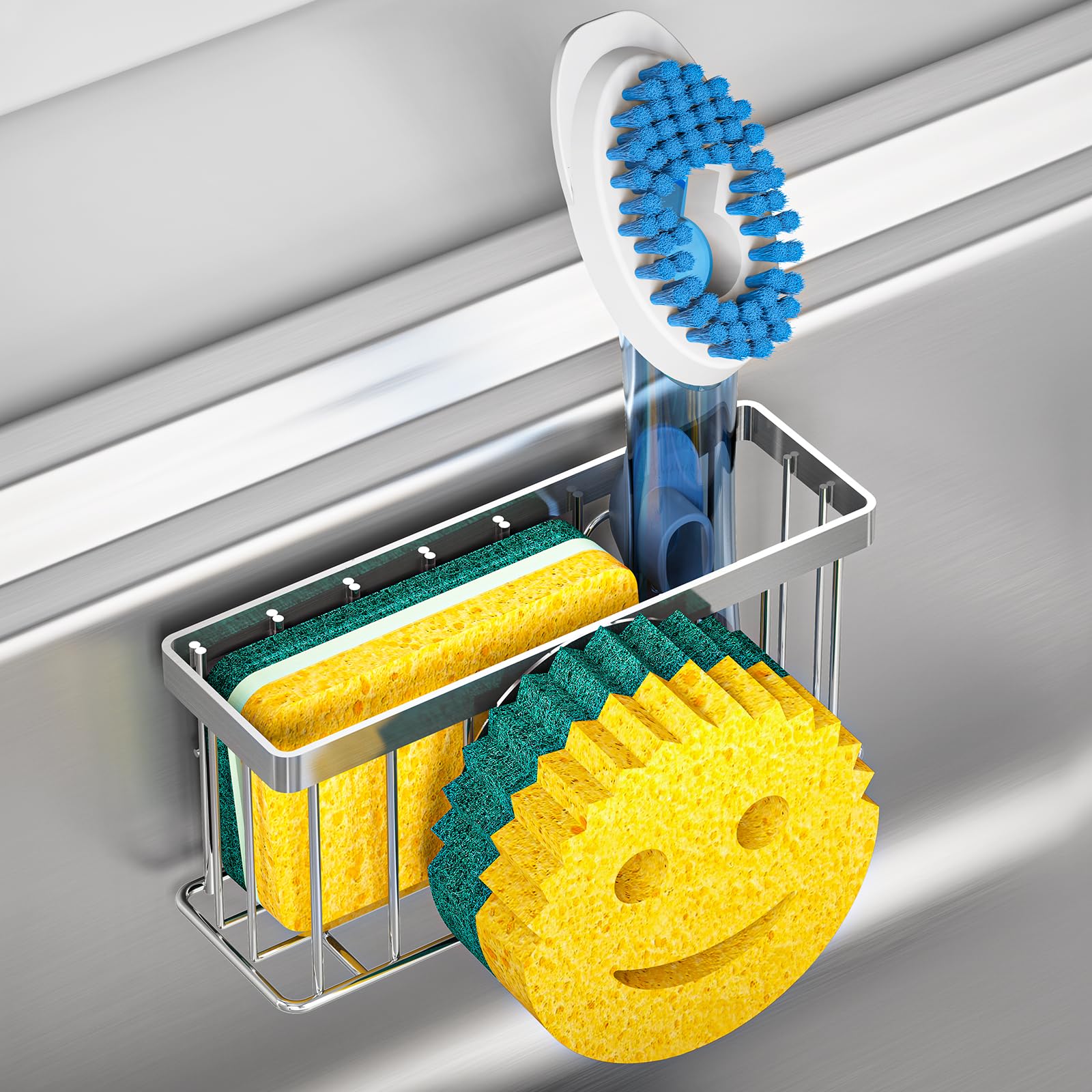 Sponge Holder Smiley Face, Sink Caddy for Kitchen Organizer Sponge Holder with 2 PCS Suction Cups/1 PCS Adhesive Strips
