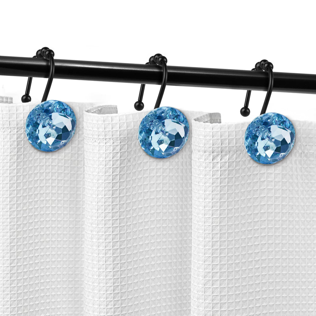 Luxury Design Round Diamond Crystal Gem Bling with Glide Balls Shower Curtain Hooks, Rust Proof Metal Rhinestones Glam Shower Curtain Rings-12 Pack