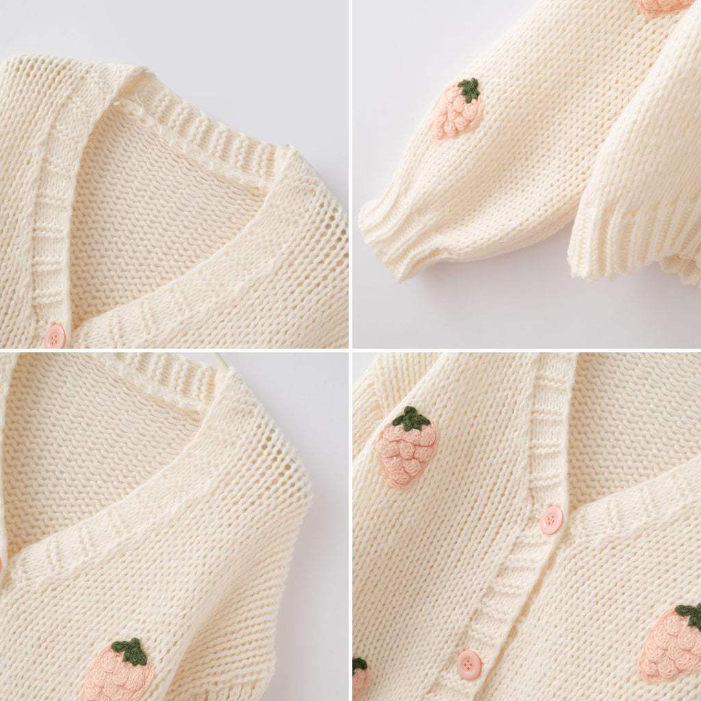 Women's Kawaii Strawberry Embroidered Cardigan Long Sleeve V Neck Chunky Knitted Cardigans