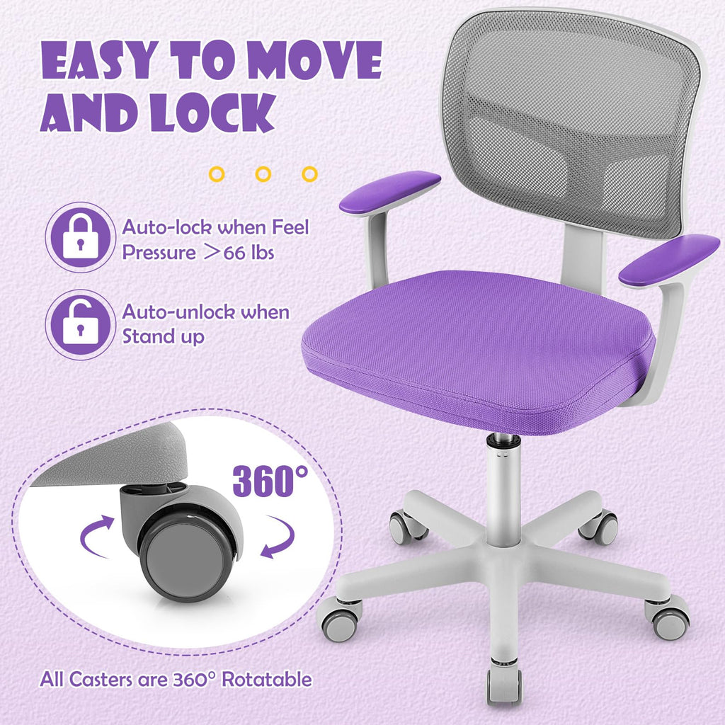 Swivel Adjustable Mesh Study Chair with Wheels & Arms, Ergonomic Computer Task Chair with Lumbar Support