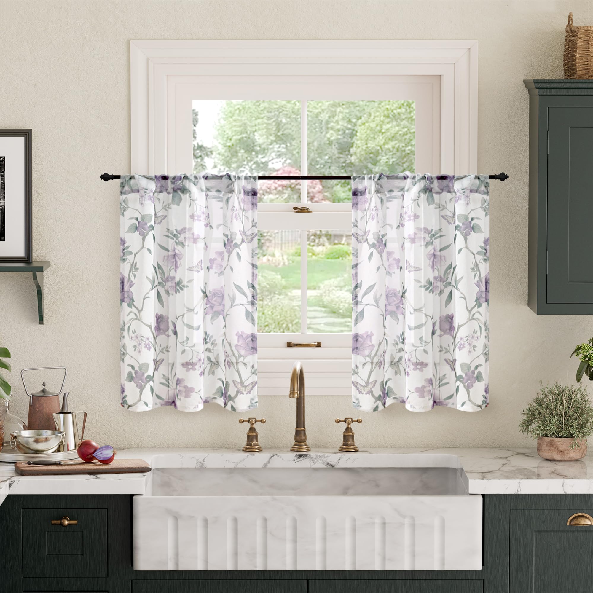 Floral Sheer Curtains, Vintage Light Filtering Semi-Sheer Linen Curtains