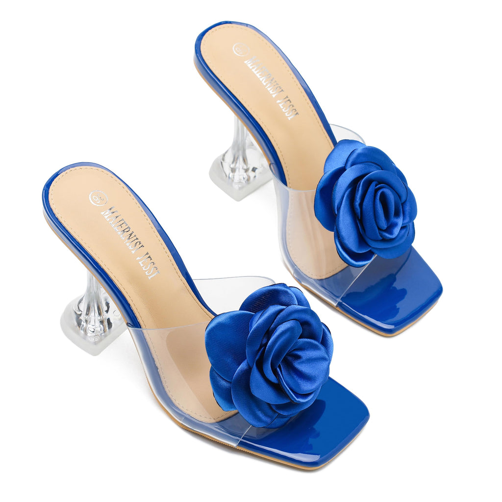 Women Flowers High Heels Mules Sandals Square Toe Slip On Sandals