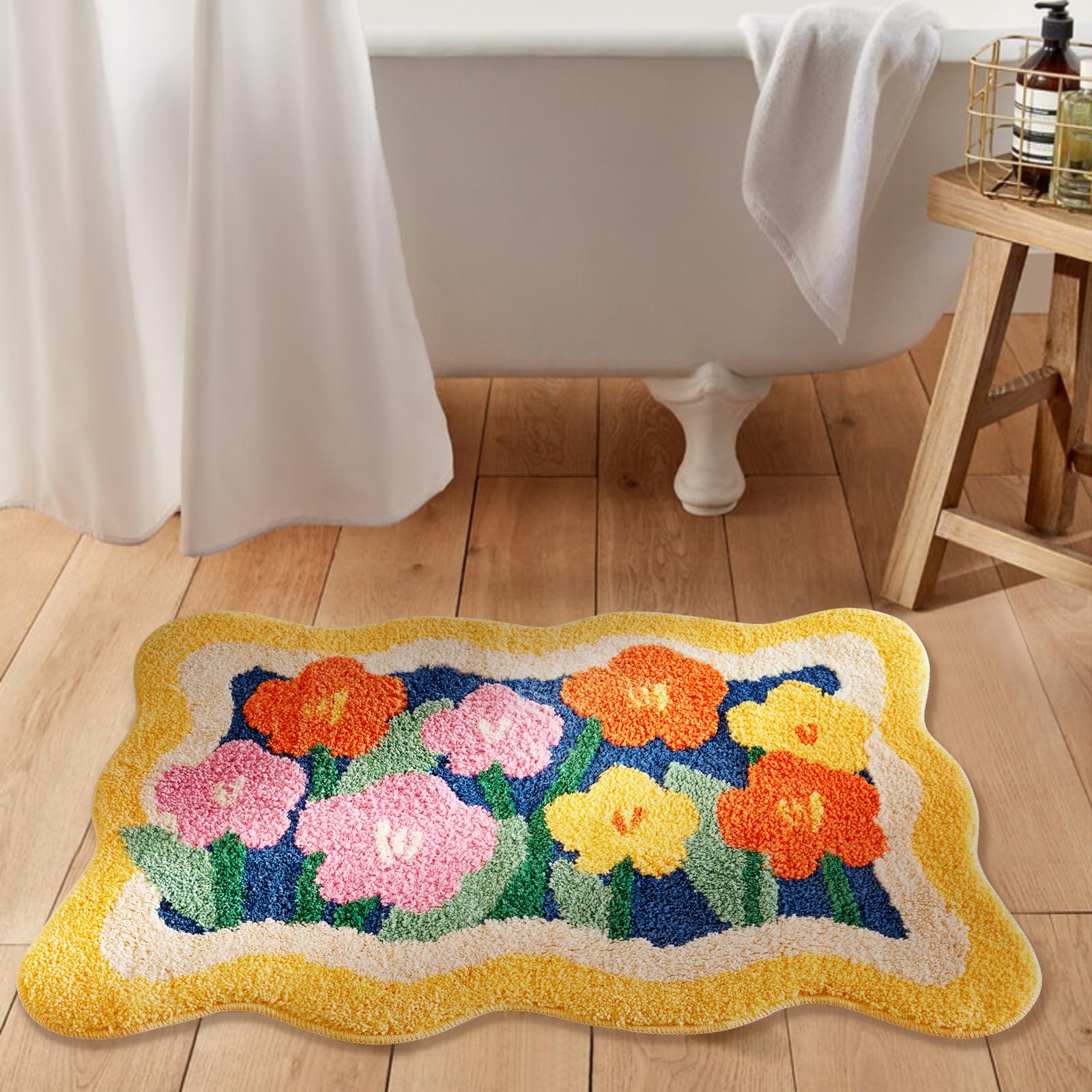 Colorful Cute Flower Bathroom Kitchen Runner Rugs - Non-Slip Machine Washable, Shaggy Orange Yellow Aesthetic Long Bath Mat Daisy Rug, Modern Boho Floral Bedside Indoor entry Rugs