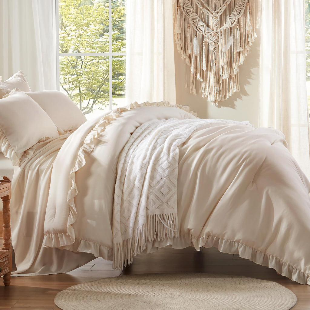 Comforter Set 7 Piece, Bed in a Bag with Sheets, All Season Ruffle Shabby Chic Bedding Sets with 1 Comforter, 2 Pillow Shams, 2 Pillowcases, 1 Flat Sheet, 1 Fitted Sheet