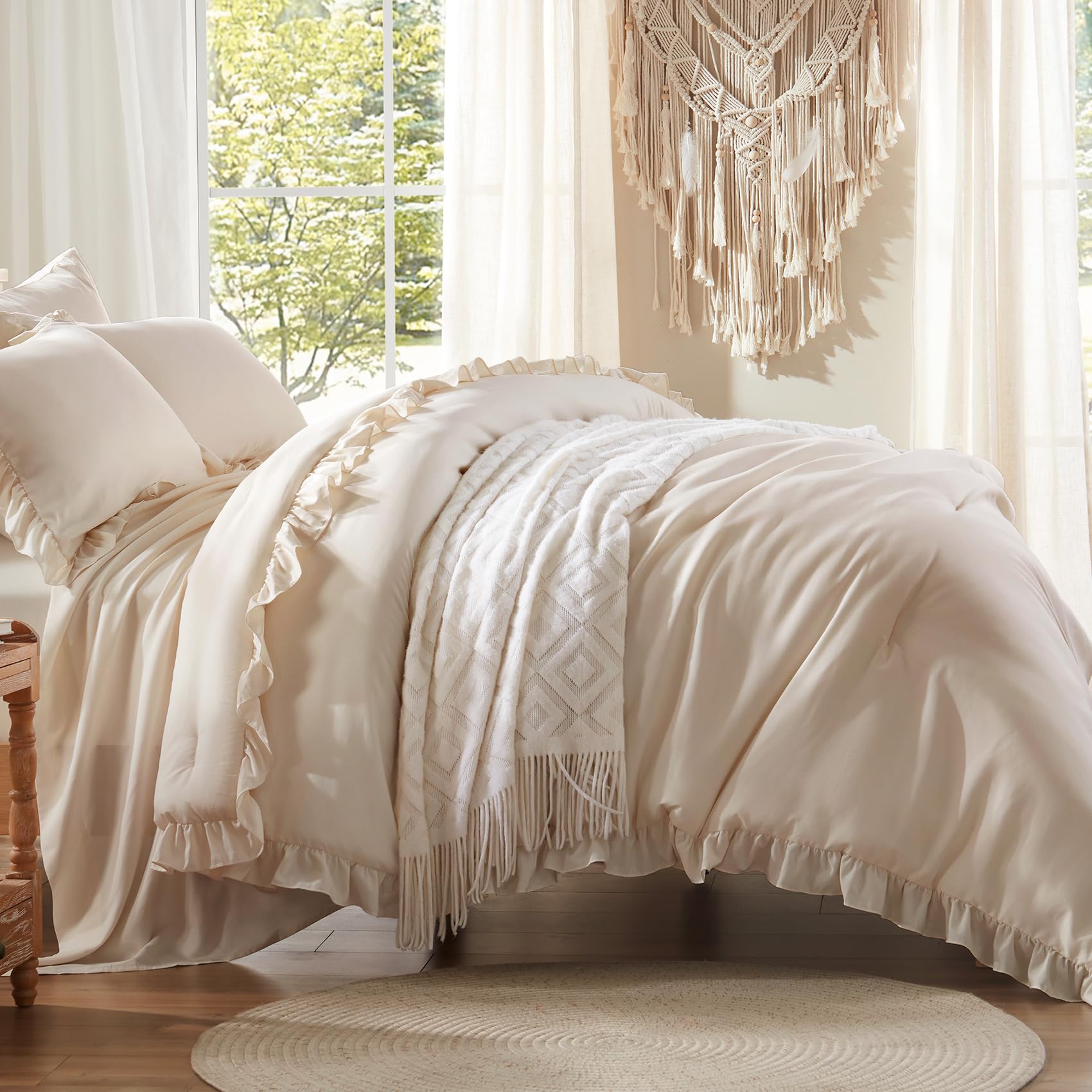 Comforter Set 7 Piece, Bed in a Bag with Sheets, All Season Ruffle Shabby Chic Bedding Sets with 1 Comforter, 2 Pillow Shams, 2 Pillowcases, 1 Flat Sheet, 1 Fitted Sheet