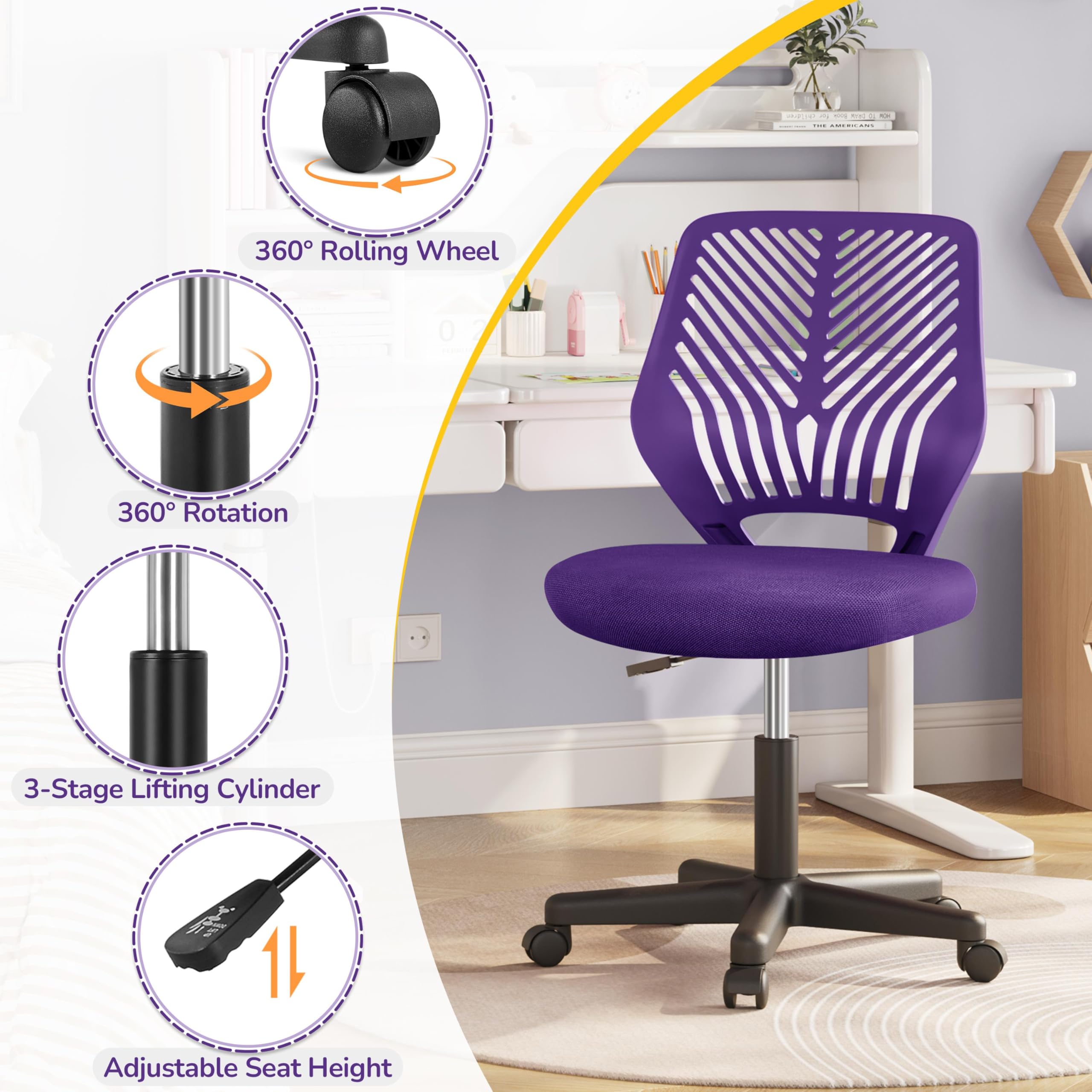 Cute Low-Back Armless Study w/Lumbar Support Adjustable Swivel Chair