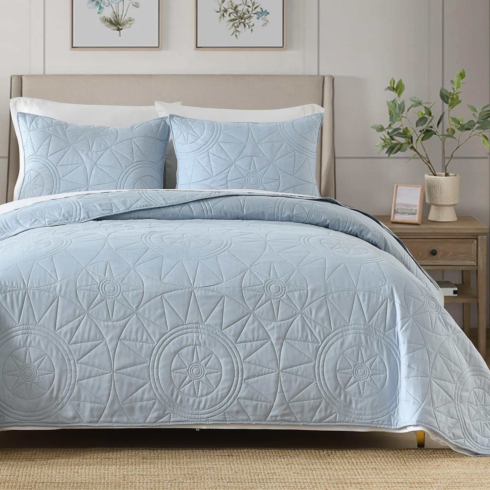 Quilt Size Lightweight Quilt for Summer Ultra-Soft Microfiber Modern Style Quilted Clouds Pattern Bedspread Quit Set 3 Pieces(1 Quilt and 2 Pillow Shams)