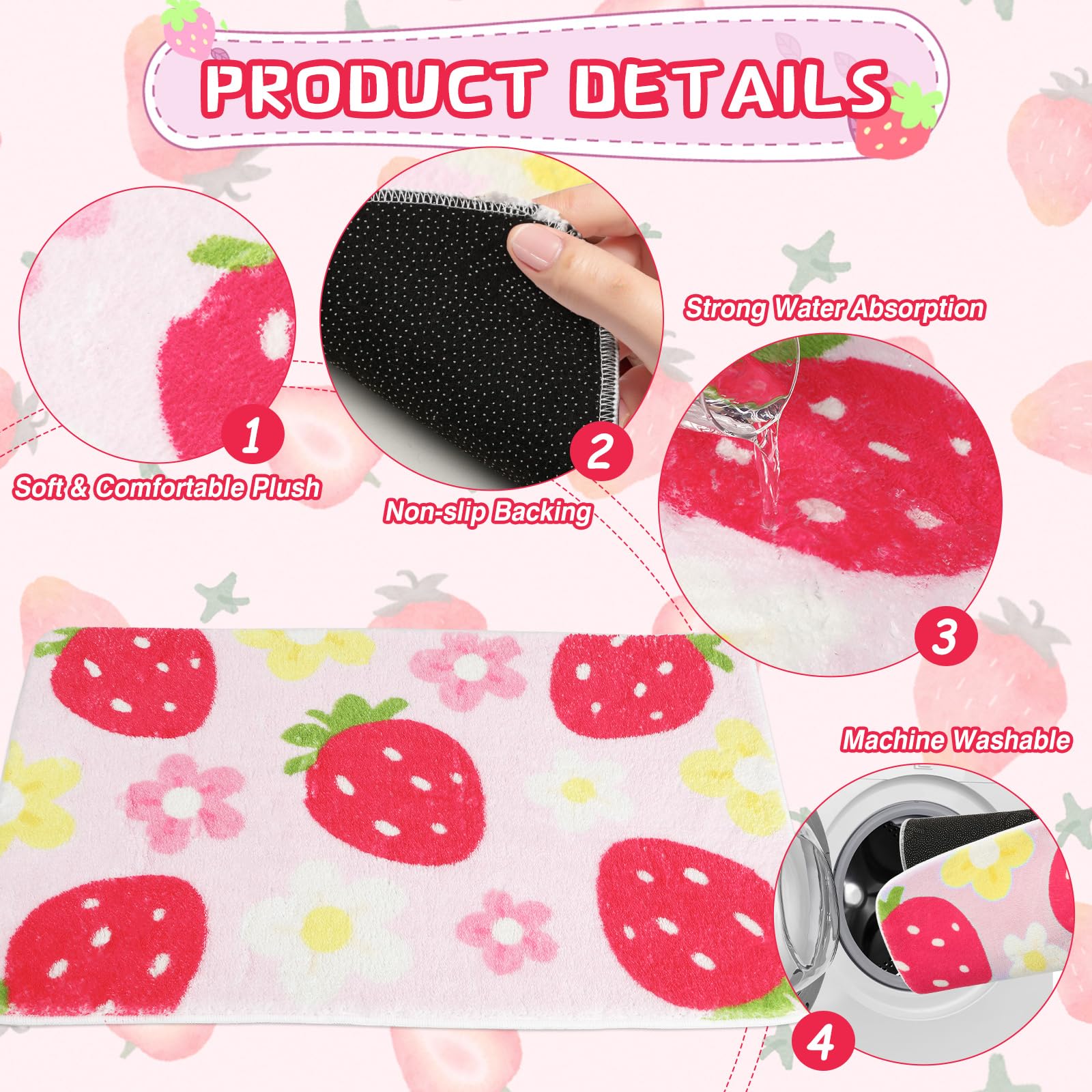 Cute Strawberry Flower Bath Mat, Green Bathroom Rugs Bathroom Accessories, Funny Colorful Non Slip Floor Bath Rug Machine Washable Absorbent Door Mats Tub Shower Bath Rug