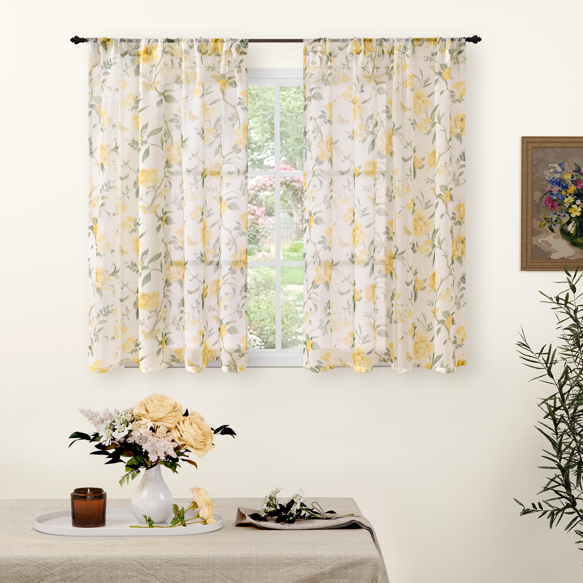 Floral Sheer Curtains, Vintage Light Filtering Semi-Sheer Linen Curtains