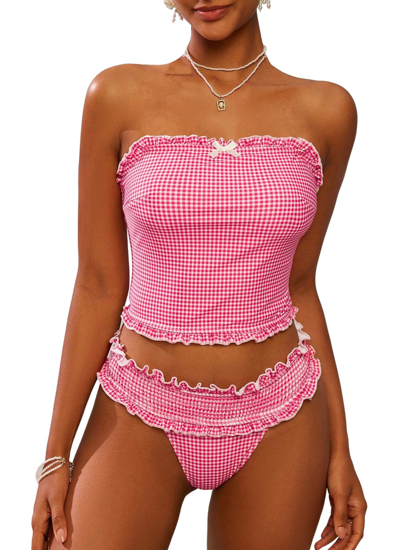 Women's Bandeau Tankini Swimsuit Asymmetrical Slit Bowknot String High Cut Fairyland Cheeky Bathing Suit