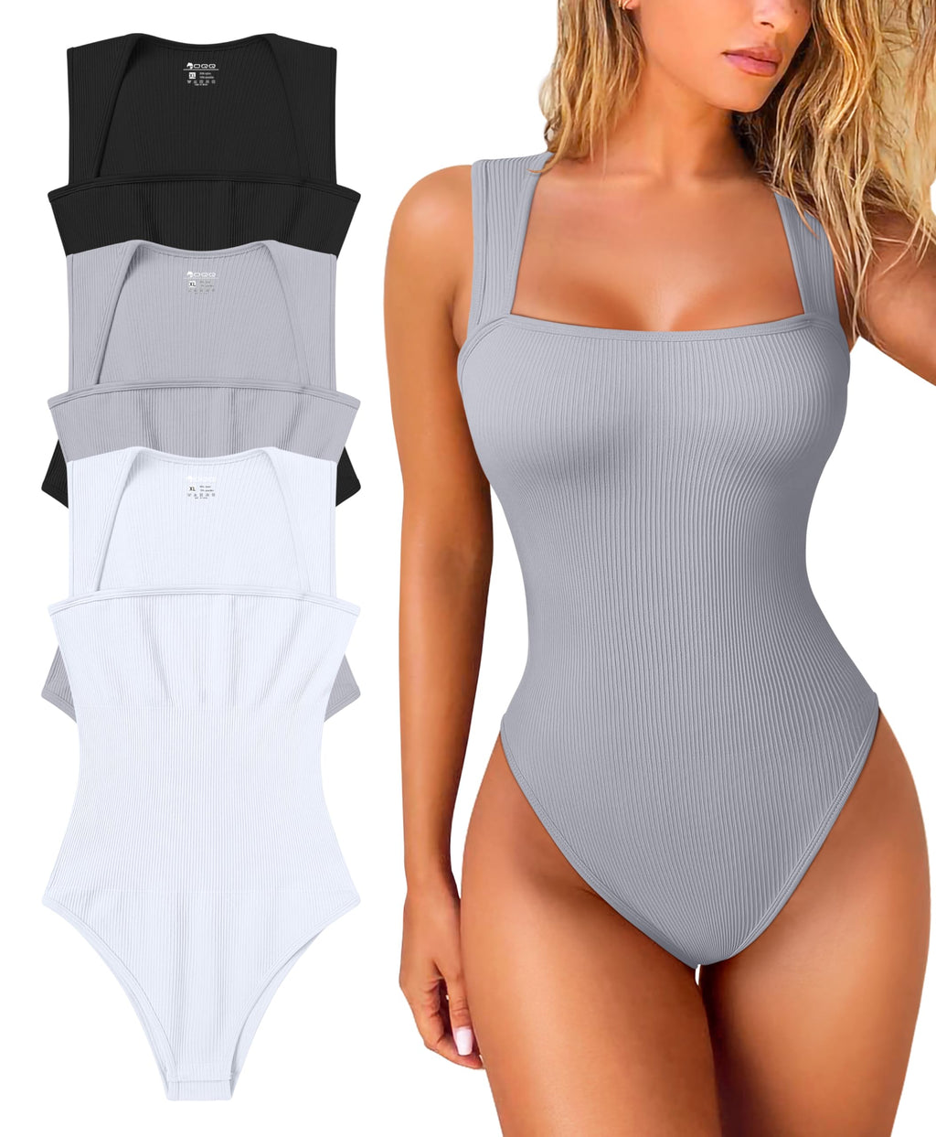 Women's 3 Piece Bodysuits Sexy Ribbed Strappy Square Neck Sleeveless Tummy Control Tank Tops Bodysuits