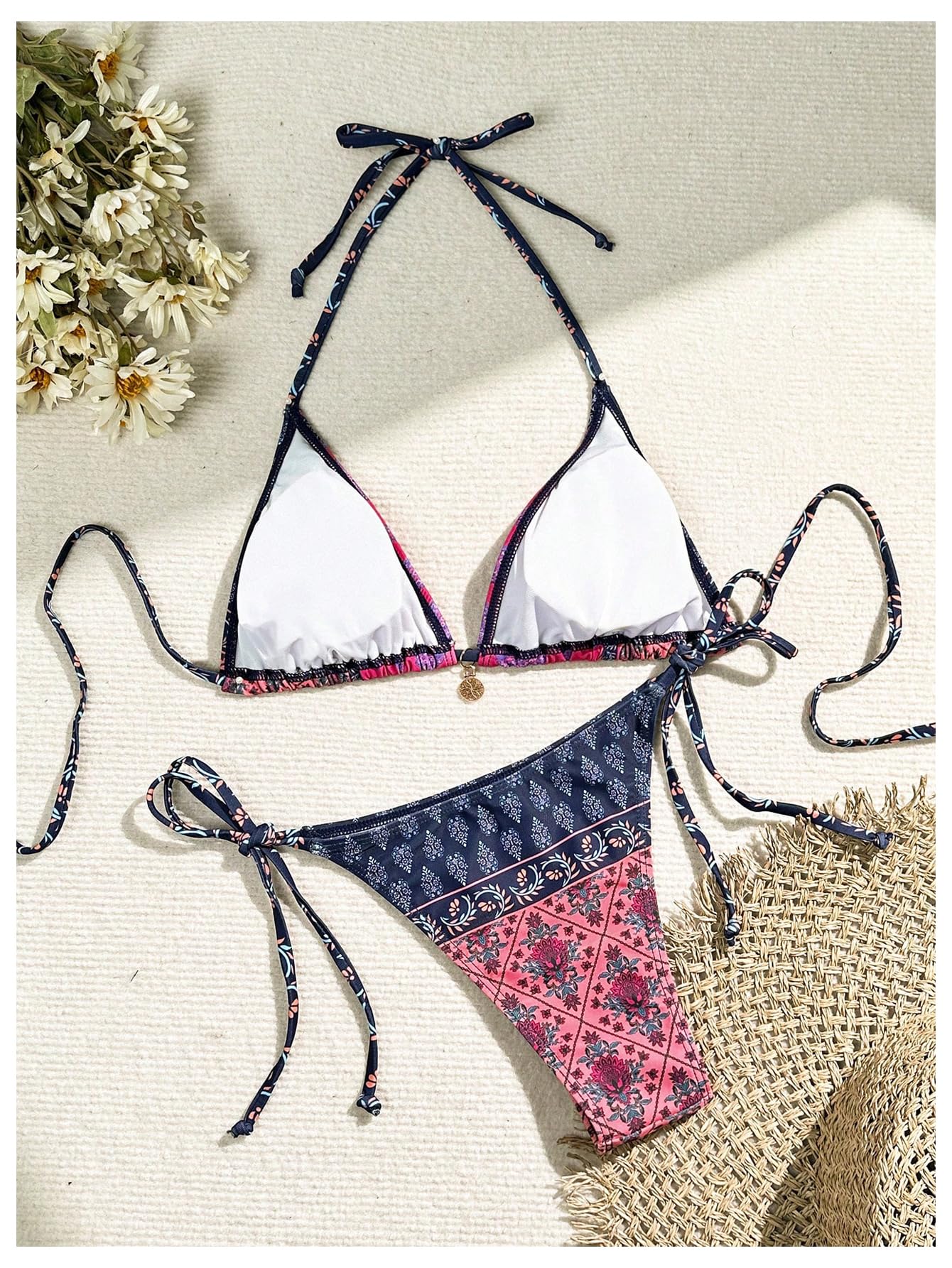 Women's 2 Piece Paisley Print Swimsuit Boho Halter Backless High Cut String Bikini Set