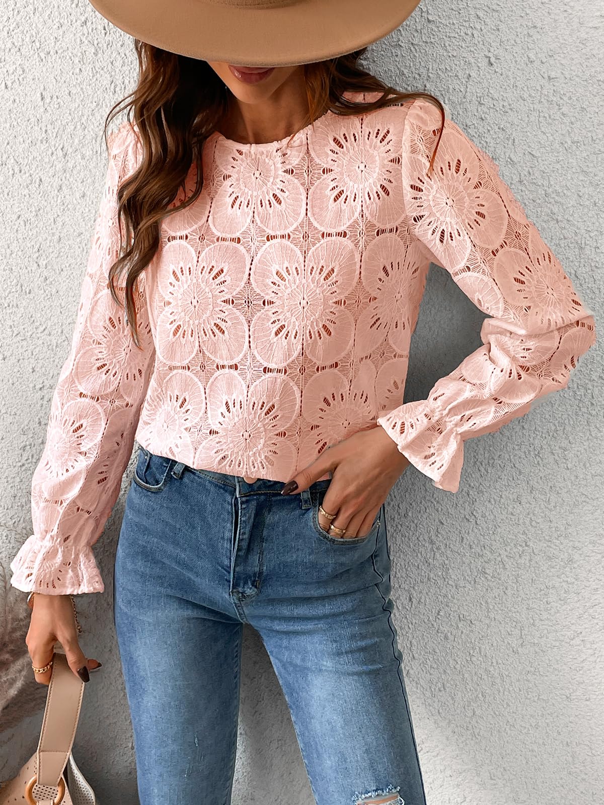 Women Eyelet Long Sleeve - Dressy Hollow Out Crochet Lace Embroidered Blouse