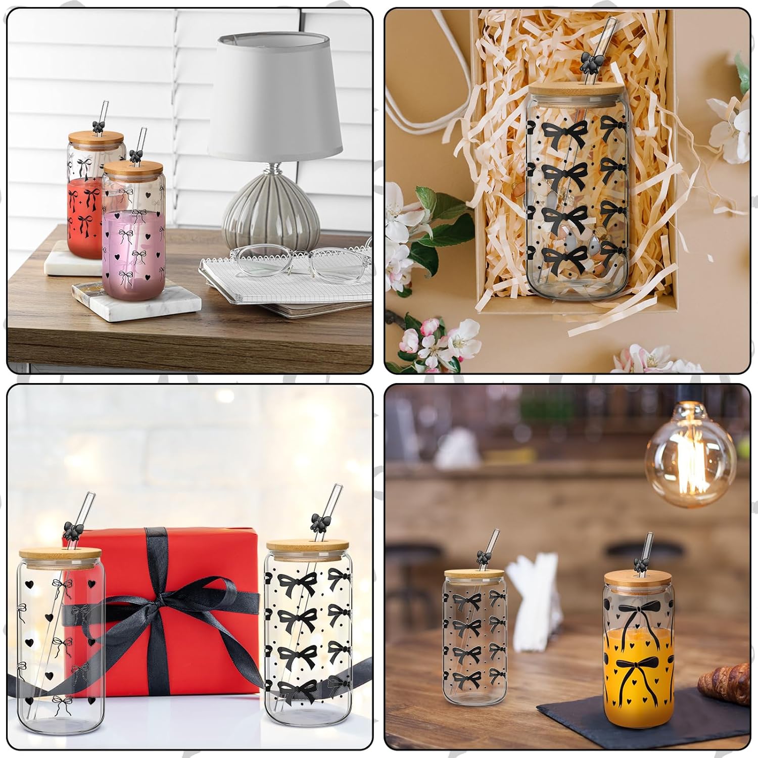 Coquette 4 Set Black Bow Aesthetic Glass Cups with Bamboo Lids and Straws 16 oz