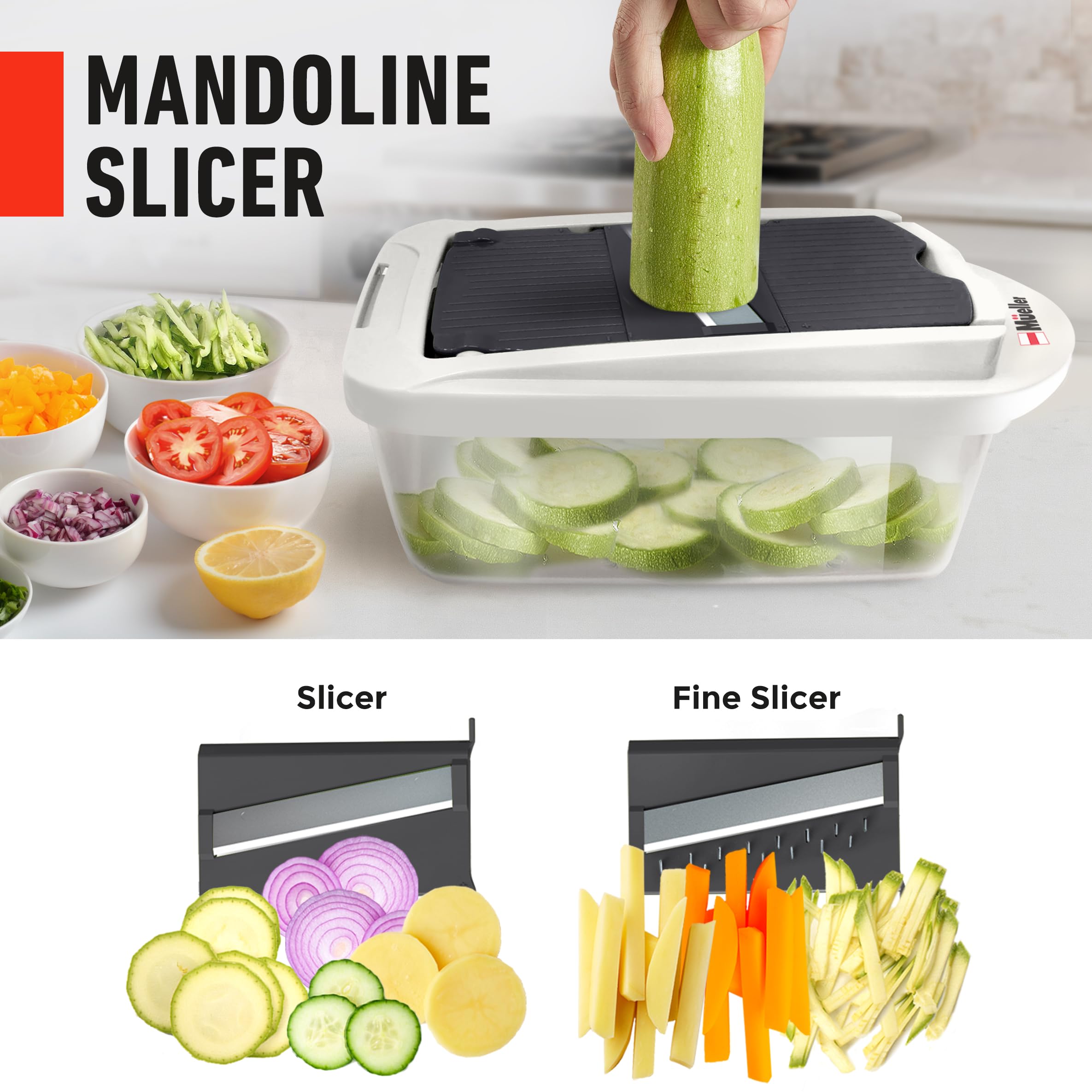 Mueller Pro-Series All-in-One, Mandoline Slicer for Kitchen, Food Chopper, Cucumber Slicer and Spiralizer, Cutter, Dicer, Grater, Kitchen Essentials