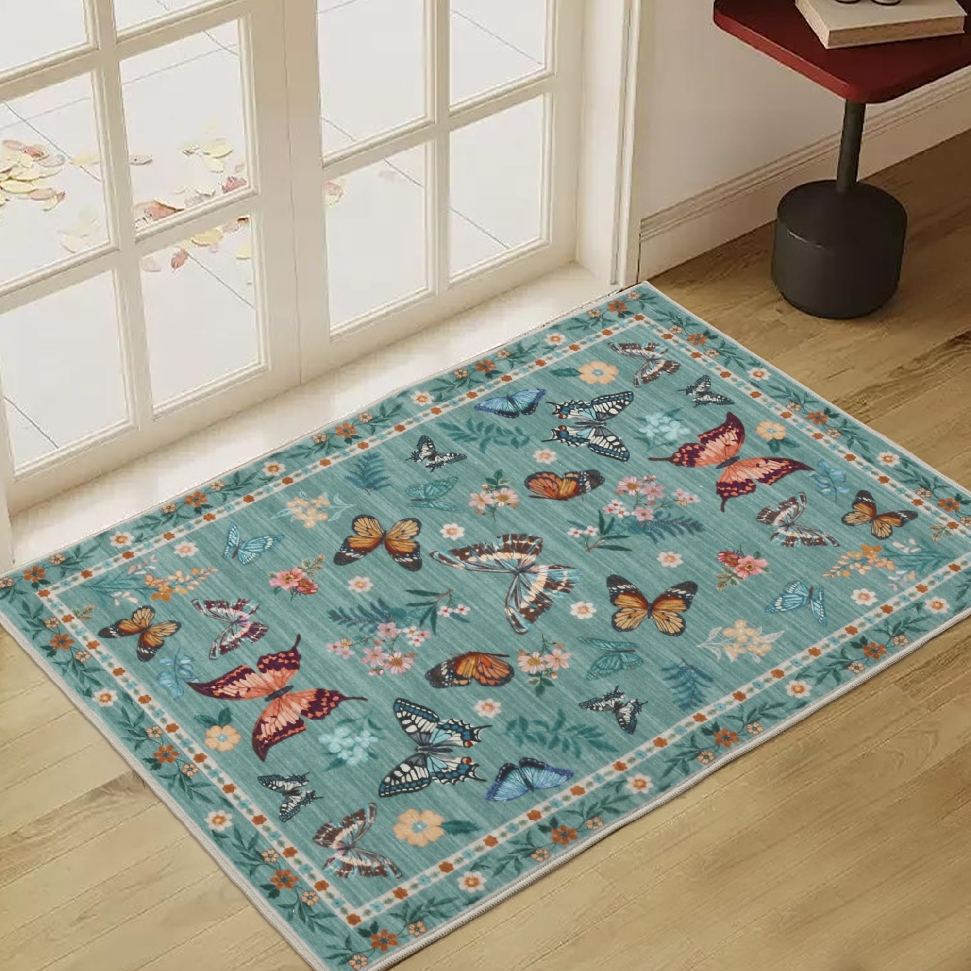 Insect Floral Area Rug, Machine Washable Area Rug Non-Slip Low Pile Large Bedroom Rug Stain Resistant Throw Rug Carpet