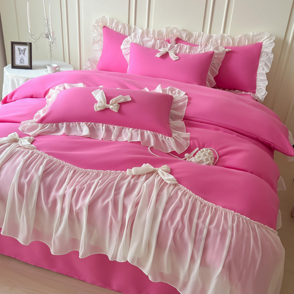Girls Lace Bedding,Queen Comforter Cover Set, Chic Ruffled Duvet Cover with Lovely Bow,Princess Style 1 Duvet Cover with 2 Pillowcases, No Comforter-Hot Pink,Full Size