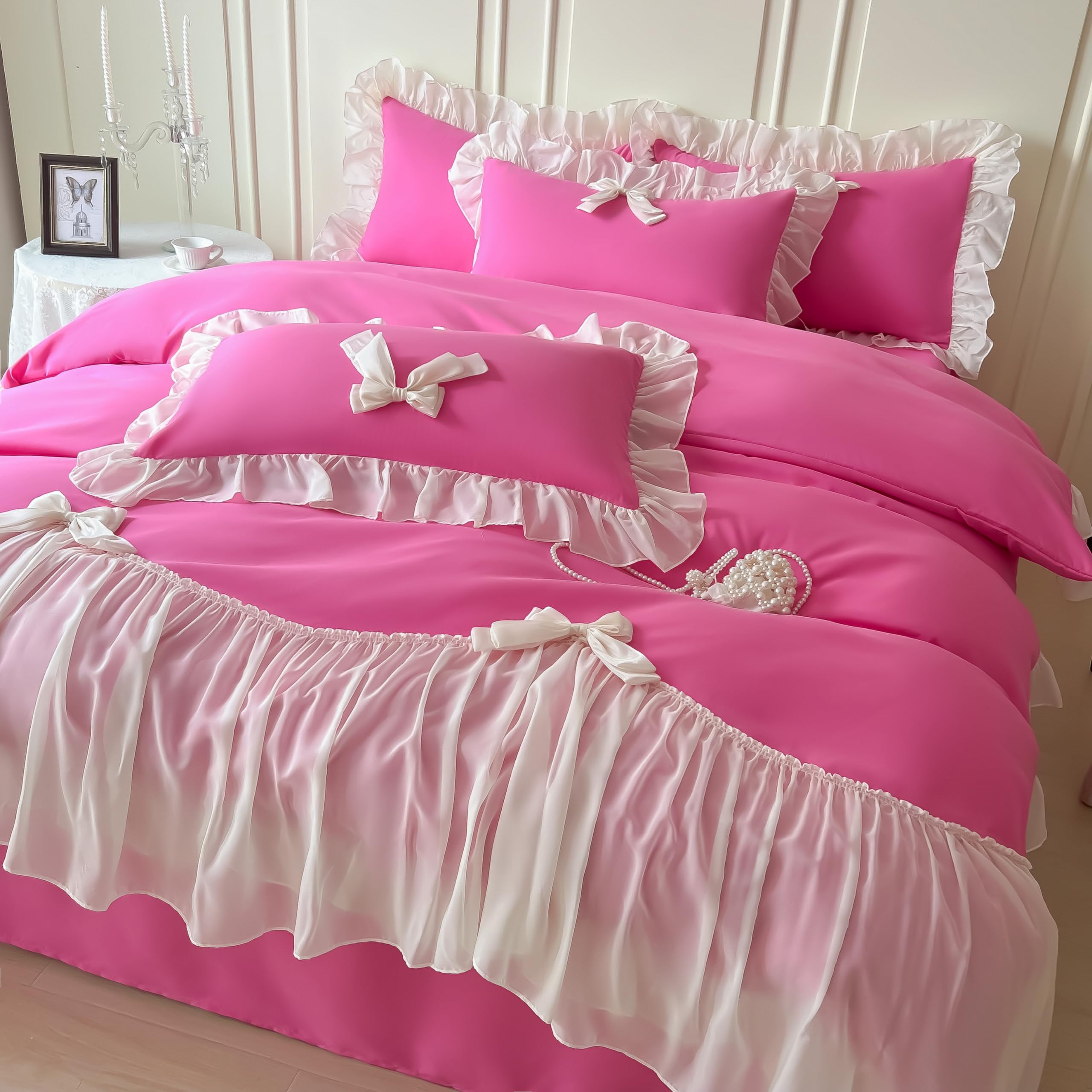 Girls Lace Bedding,Queen Comforter Cover Set, Chic Ruffled Duvet Cover with Lovely Bow,Princess Style 1 Duvet Cover with 2 Pillowcases, No Comforter-Hot Pink,Full Size