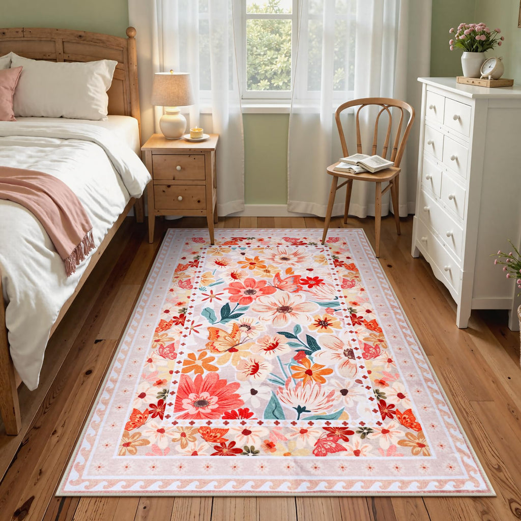Floral Hallway Runner Rug, Runner Rugs Non Skid Washable, Low Pile Soft Boho Rugs