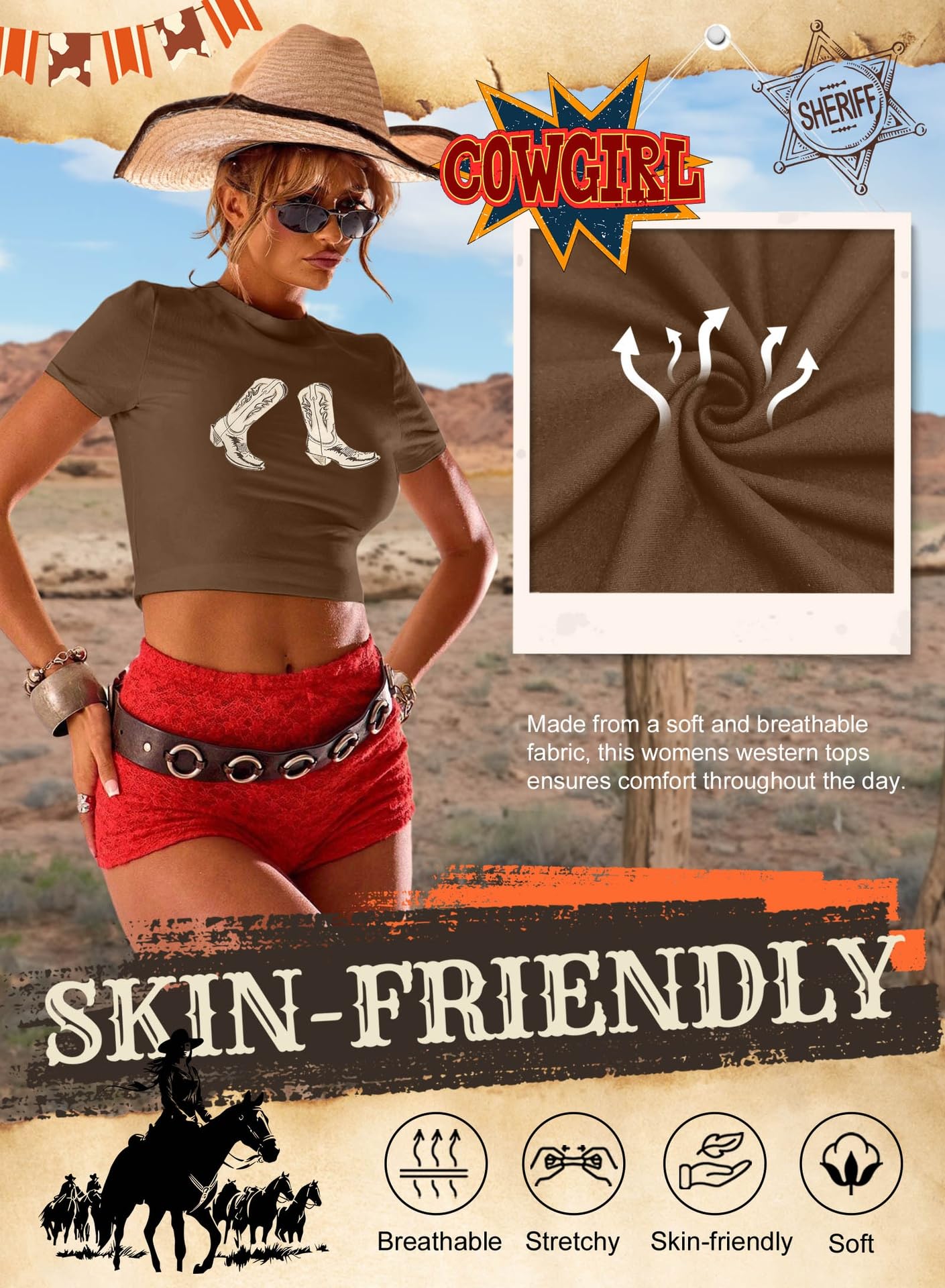 Western Cowgirl Crop Tops for Women - Country Rodeo Outfits Boot Print Summer Slim Shirt Sexy Cowboy Tee