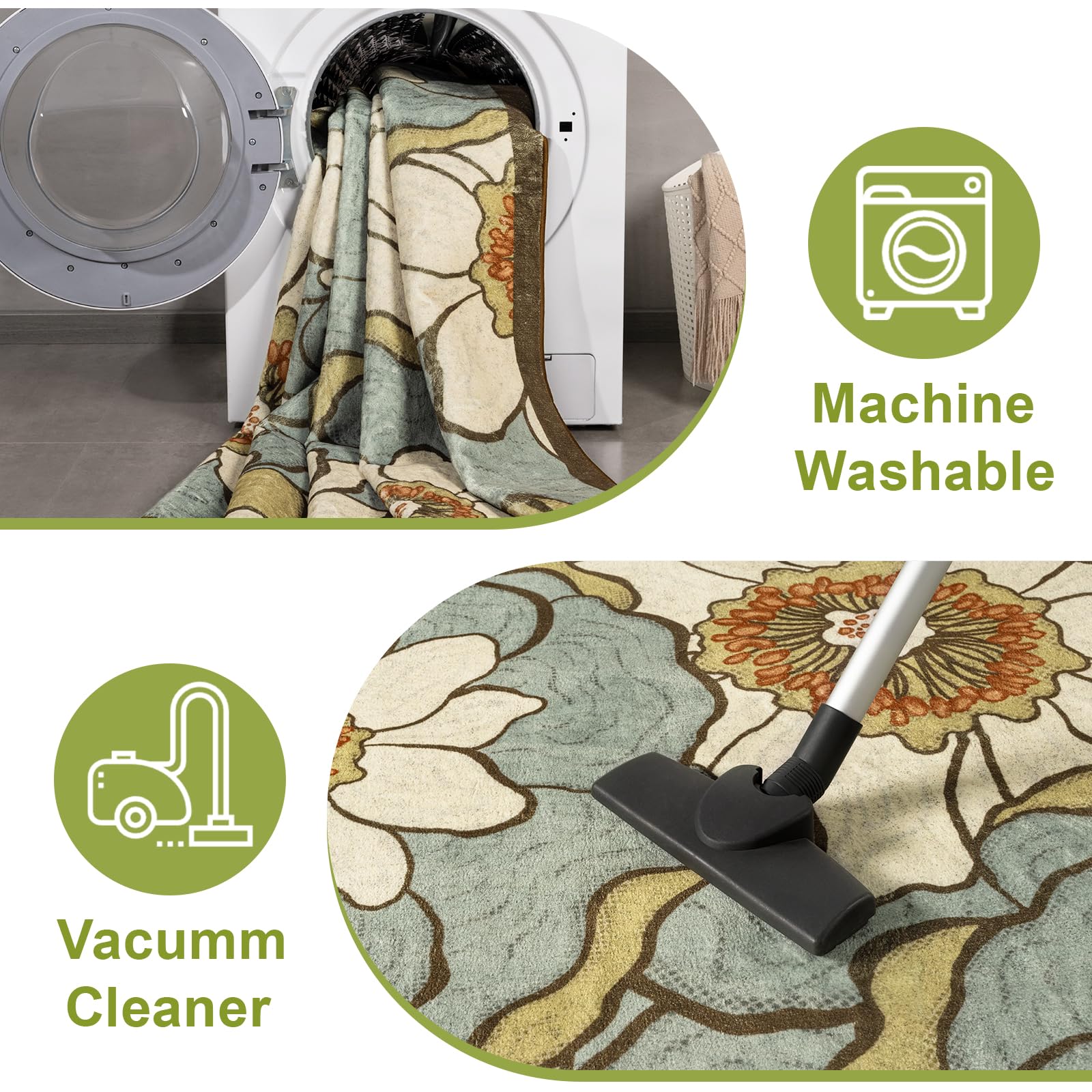 Faux Wool Boho Floral Area Rug Abstract Print Soft Carpet, TPR Non-Slip Backing, Machine Washable Low Pile Rug