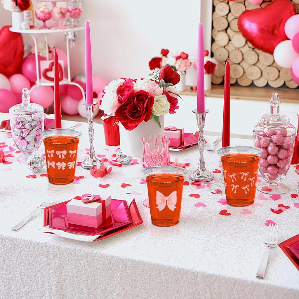 Pink Bow Party Plastic Cups 12 oz Coquette Bow Disposable Drinking Cups