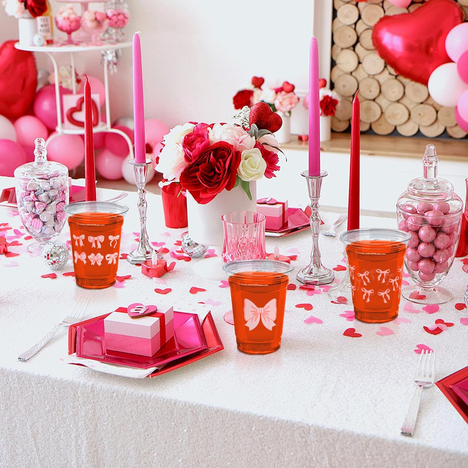 Pink Bow Party Plastic Cups 12 oz Coquette Bow Disposable Drinking Cups