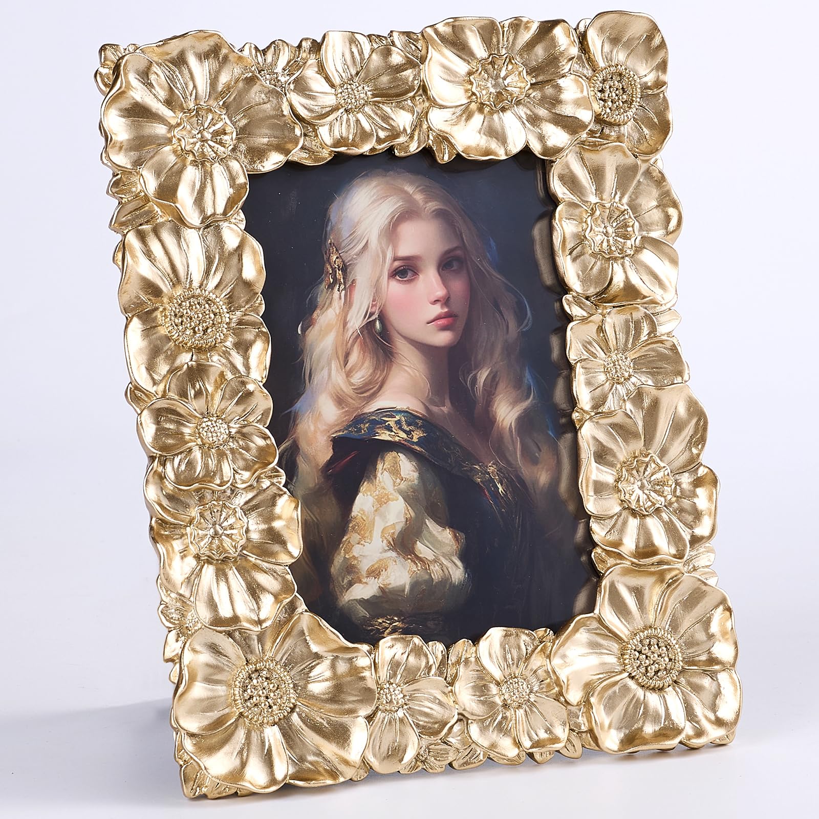 Vintage Ornate Daisy Textured Photo Frame, Hand-Crafted Resin Antique Frame with Glass Front, Easel, Hook & Mat for Tabletop Display, Retro Design Home Decor