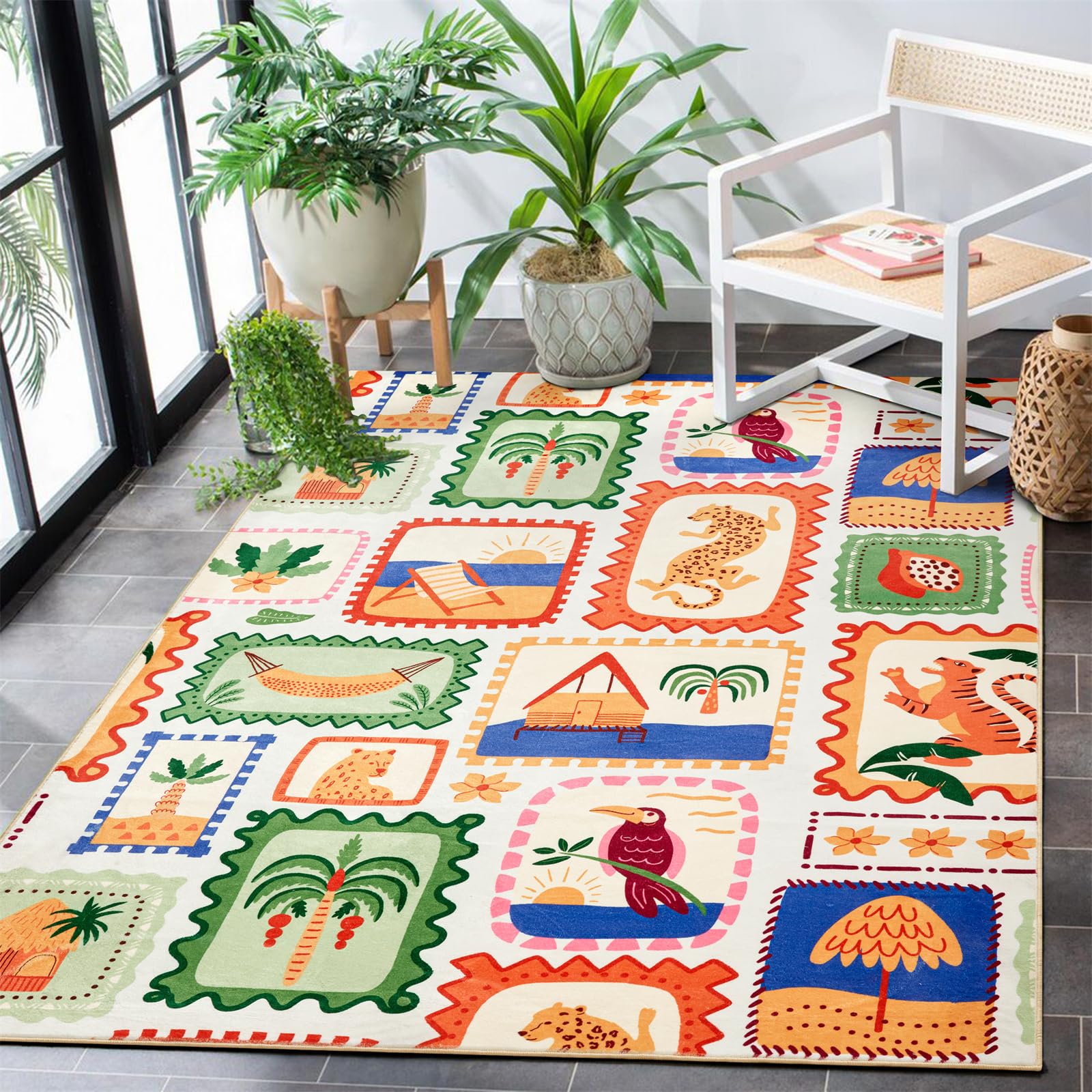 Summer Tropical Area Rug in Green and Orange Washable, Checkered Abstract Jungle Animals Cute Fun Aesthetic Throw Rug Accent Carpet for Bedroom Entryway Living Room Dorm Nursery