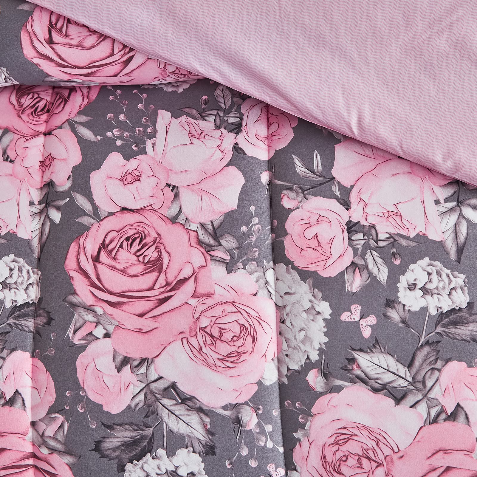 Flower Comforter Sheet Set White Bed in a Bag 7 Pieces Size, Pink Floral Microfiber Bedding Set (1 Comforter 2 Pillow Shams 1 Flat Sheet 1 Fitted Sheet 2 Pillowcases)
