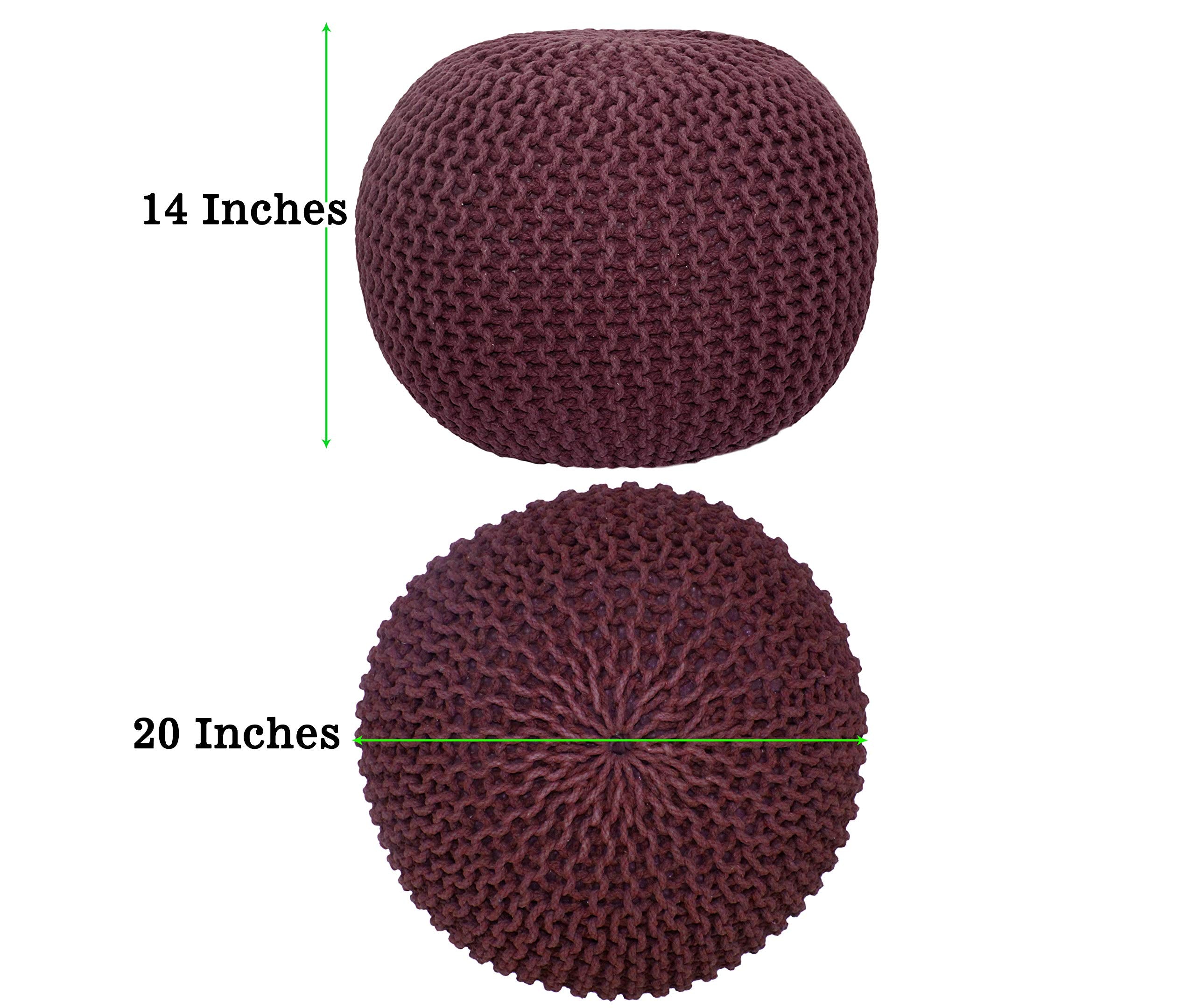 Hand-Knitted Cotton Round Pouf â€?Braid Cord Ottoman, Footrest, and Accent Seat for Living Room, Nursery, Kids Room, or Dorm Décor â€?20x14