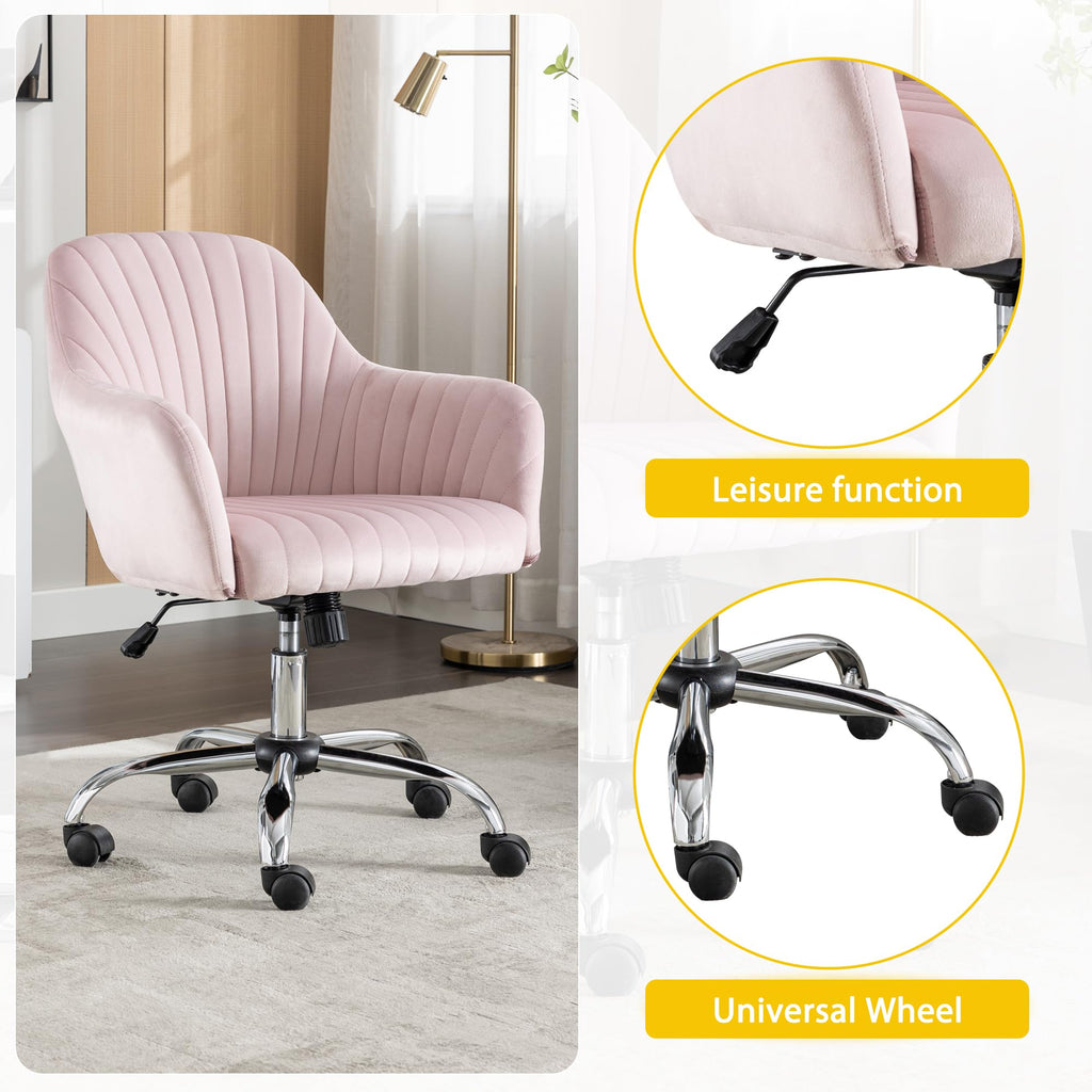 Modern Vanity Velvet Adjustable Low Back Rolling Chair, Twill Upholstered Cute Chair with Wheels